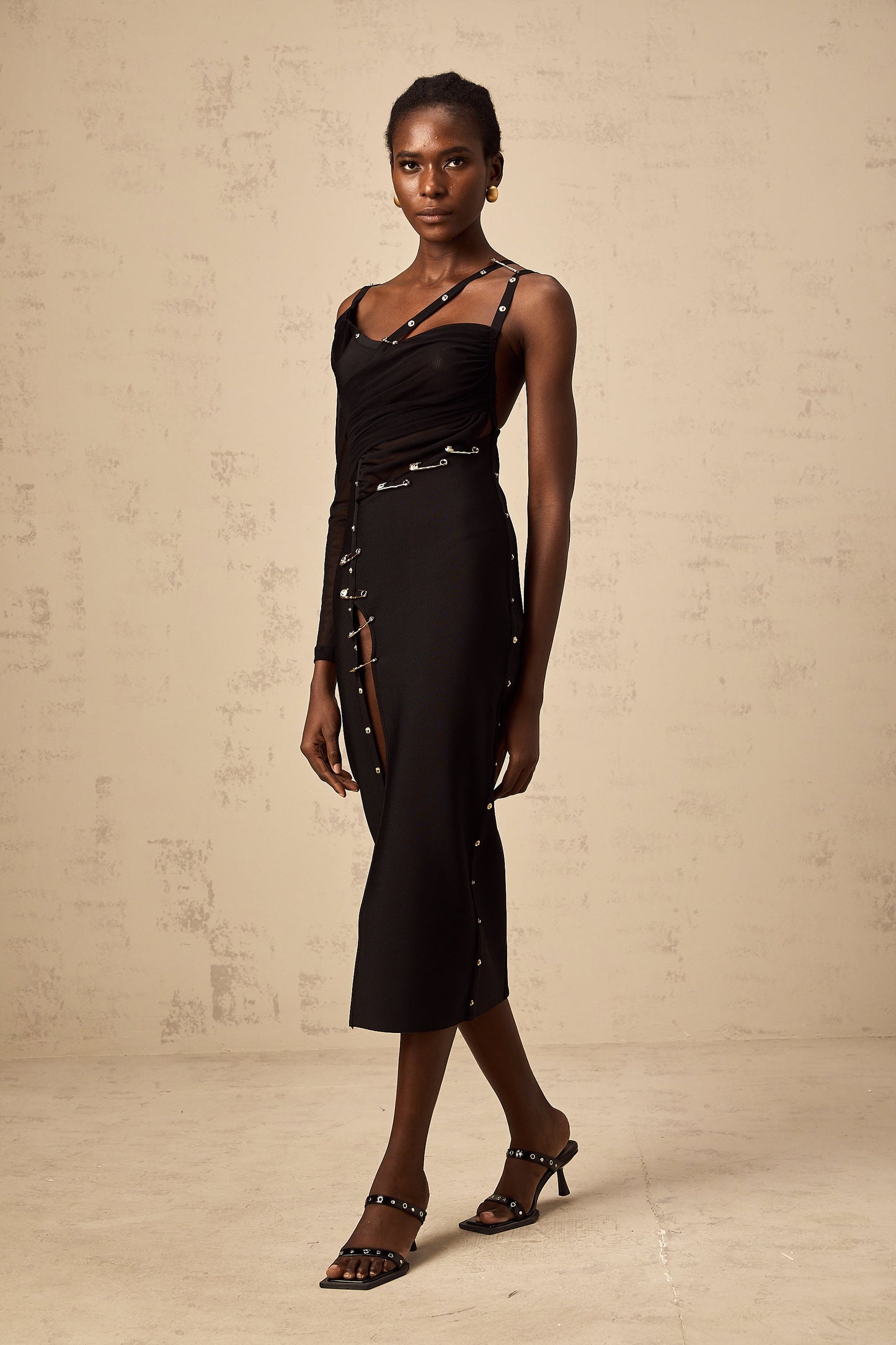 Louise black cut-out asymmetrical midi dress