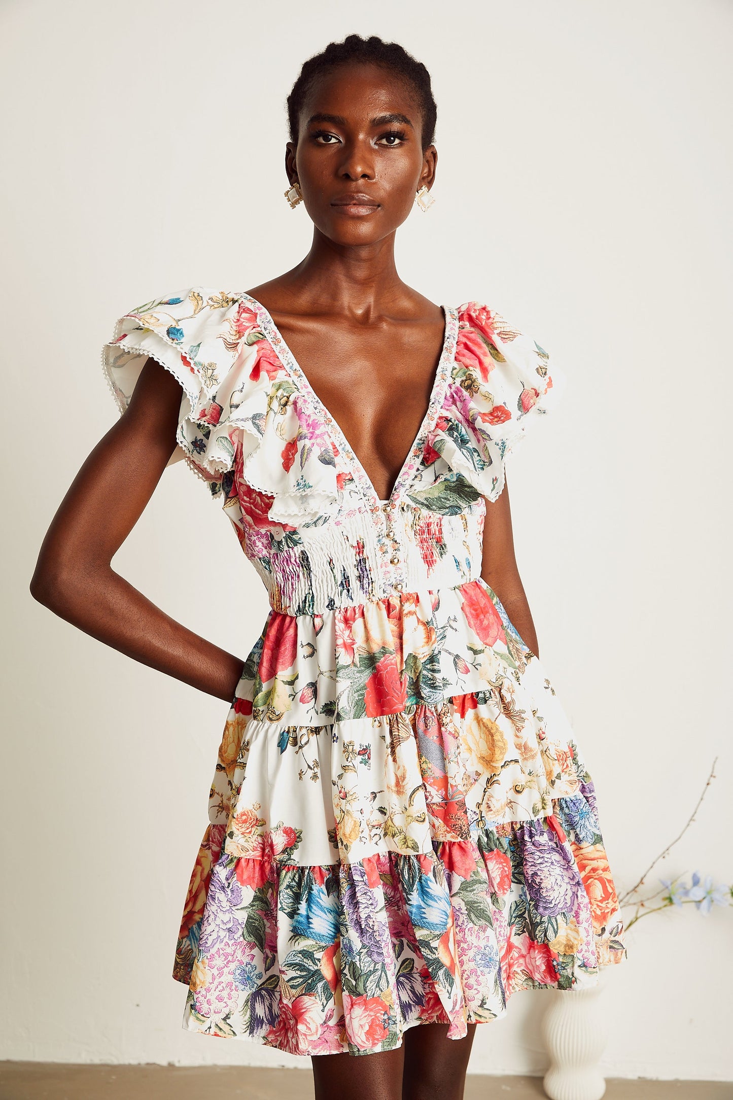 Saige ruffled floral-print mini dress in White