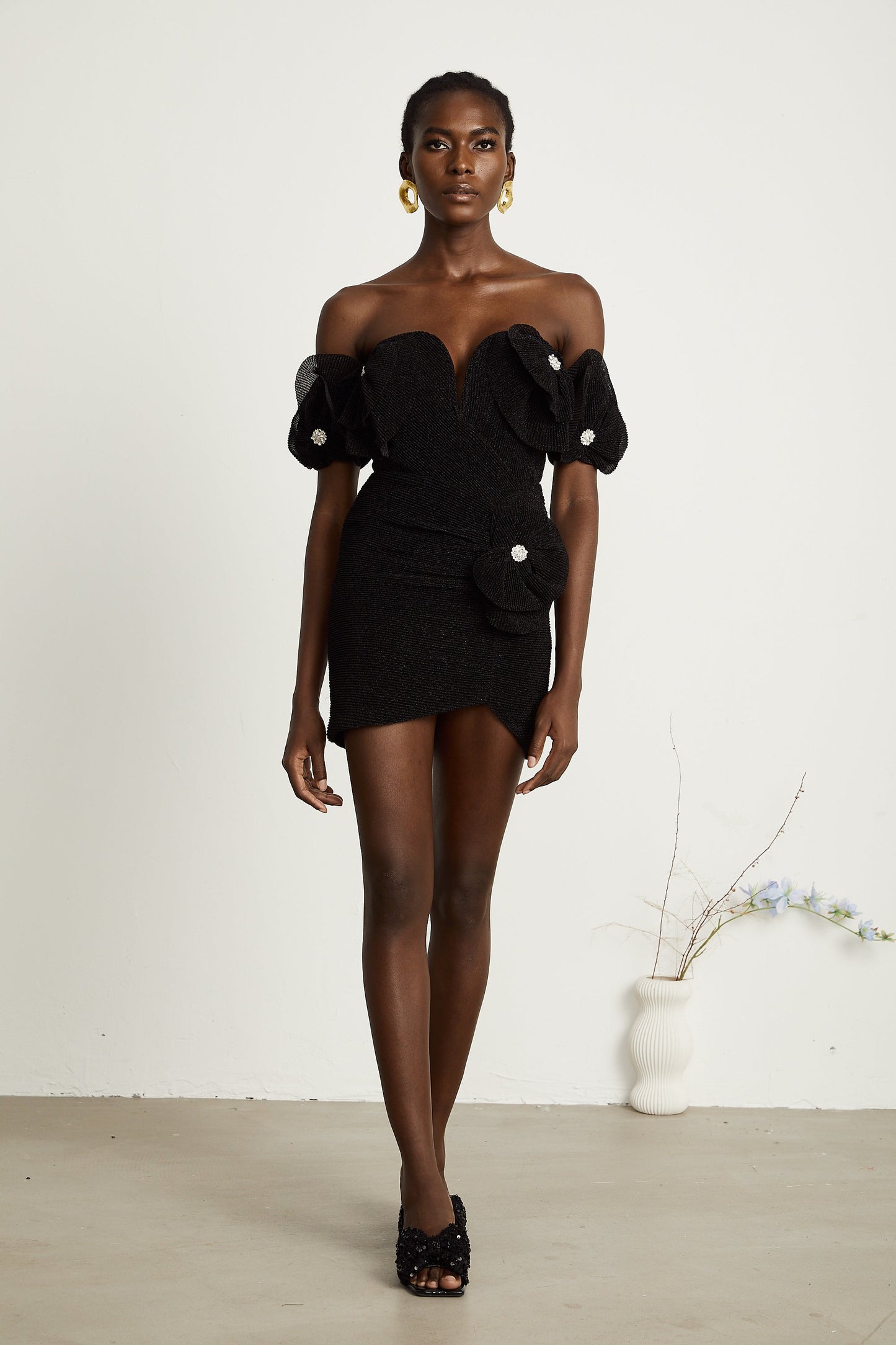 Odette black floral-appliqué mini dress