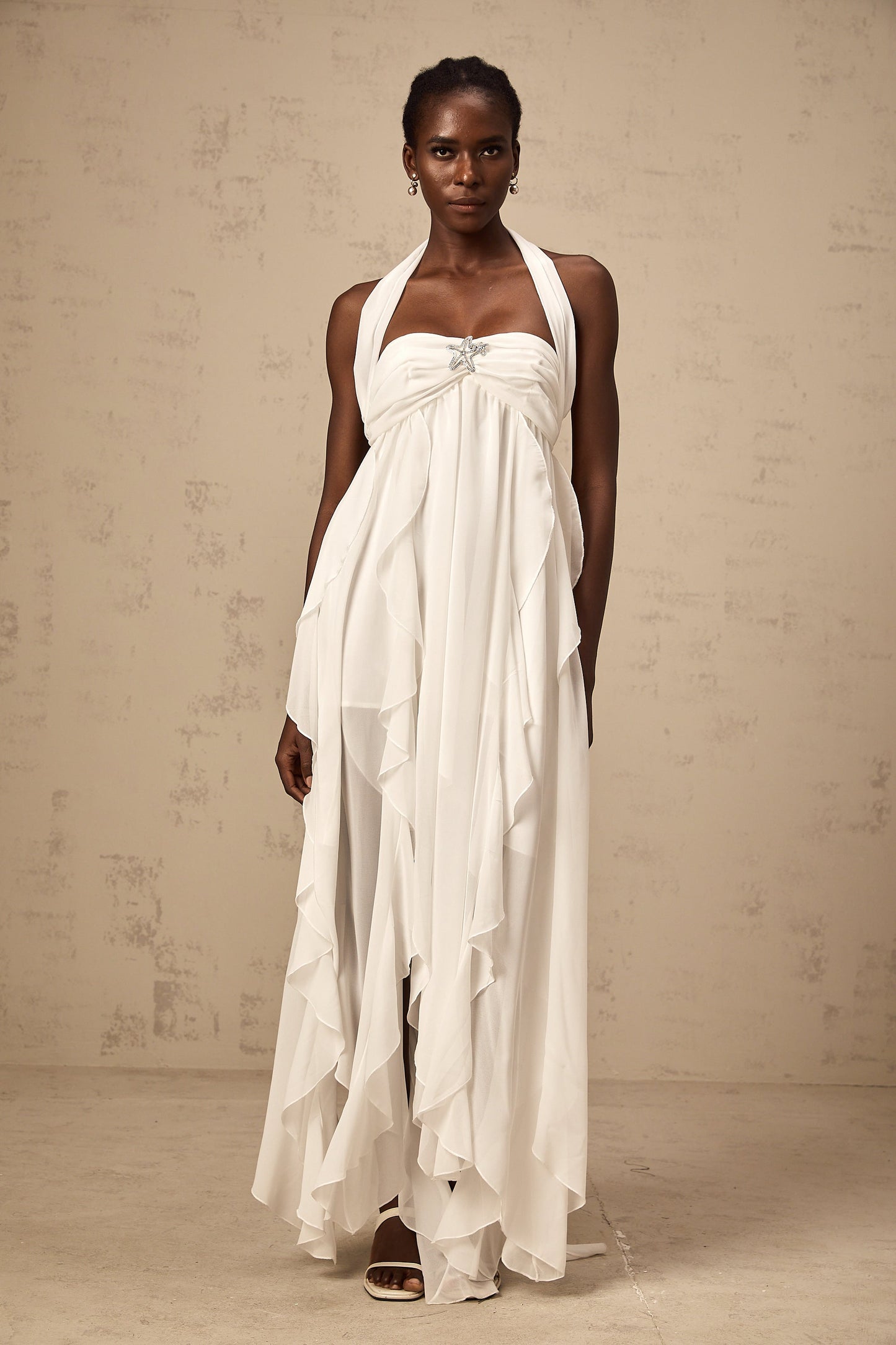 Mariah White Chiffon Ruffle Halterneck Maxi Dress