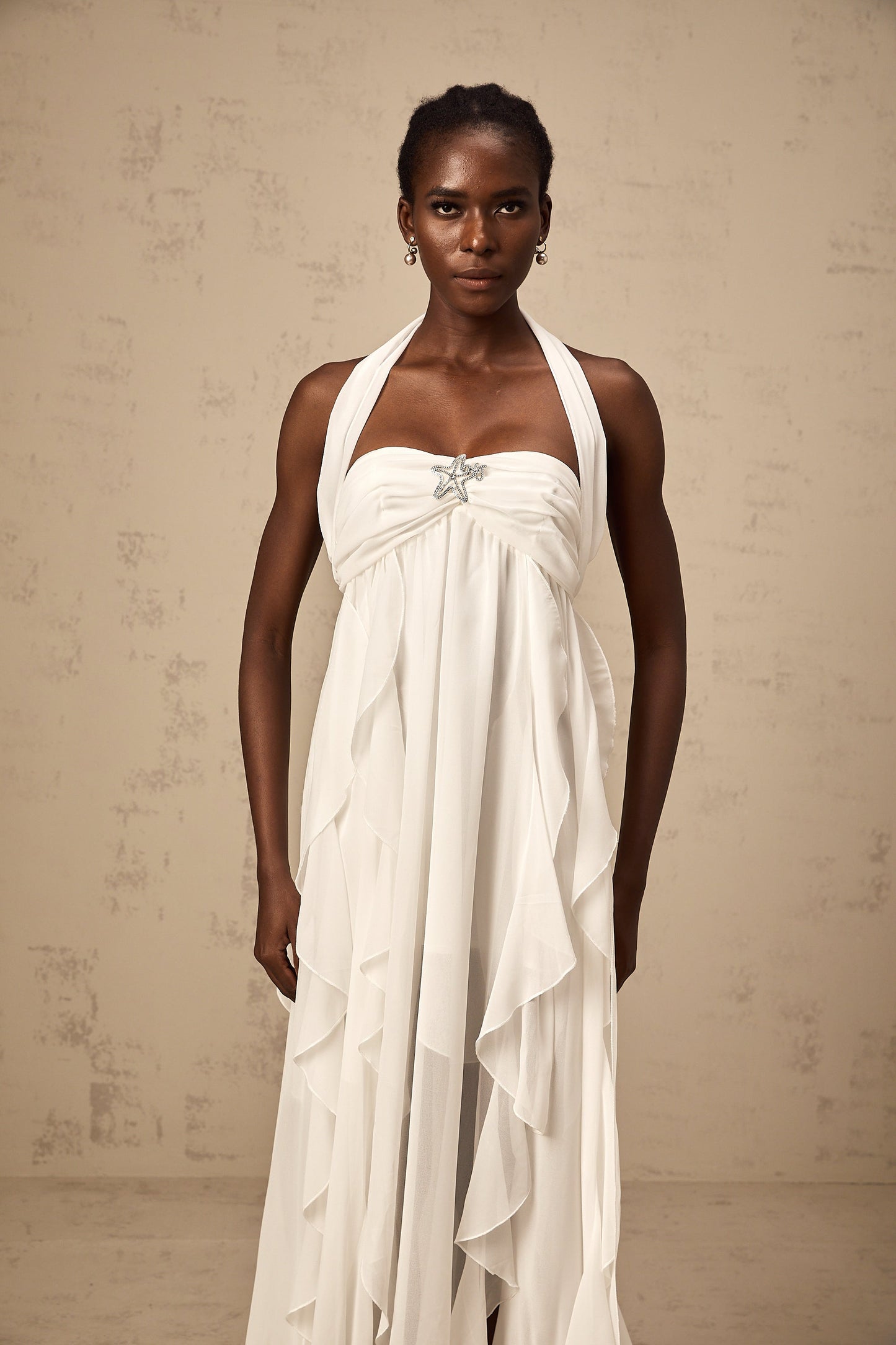 Mariah White Chiffon Ruffle Halterneck Maxi Dress