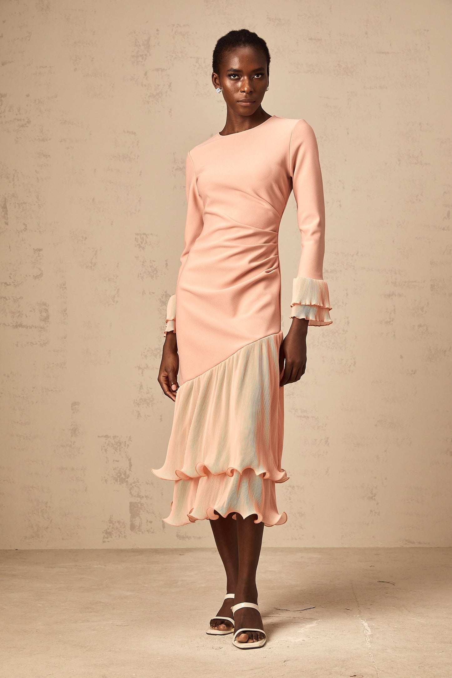 Fleurida ruffled-trim panelled midi dress in Pink