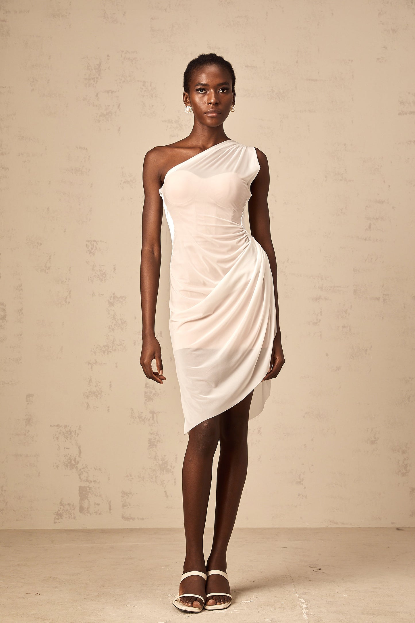 Ophélie white semi-sheer ruched midi dress