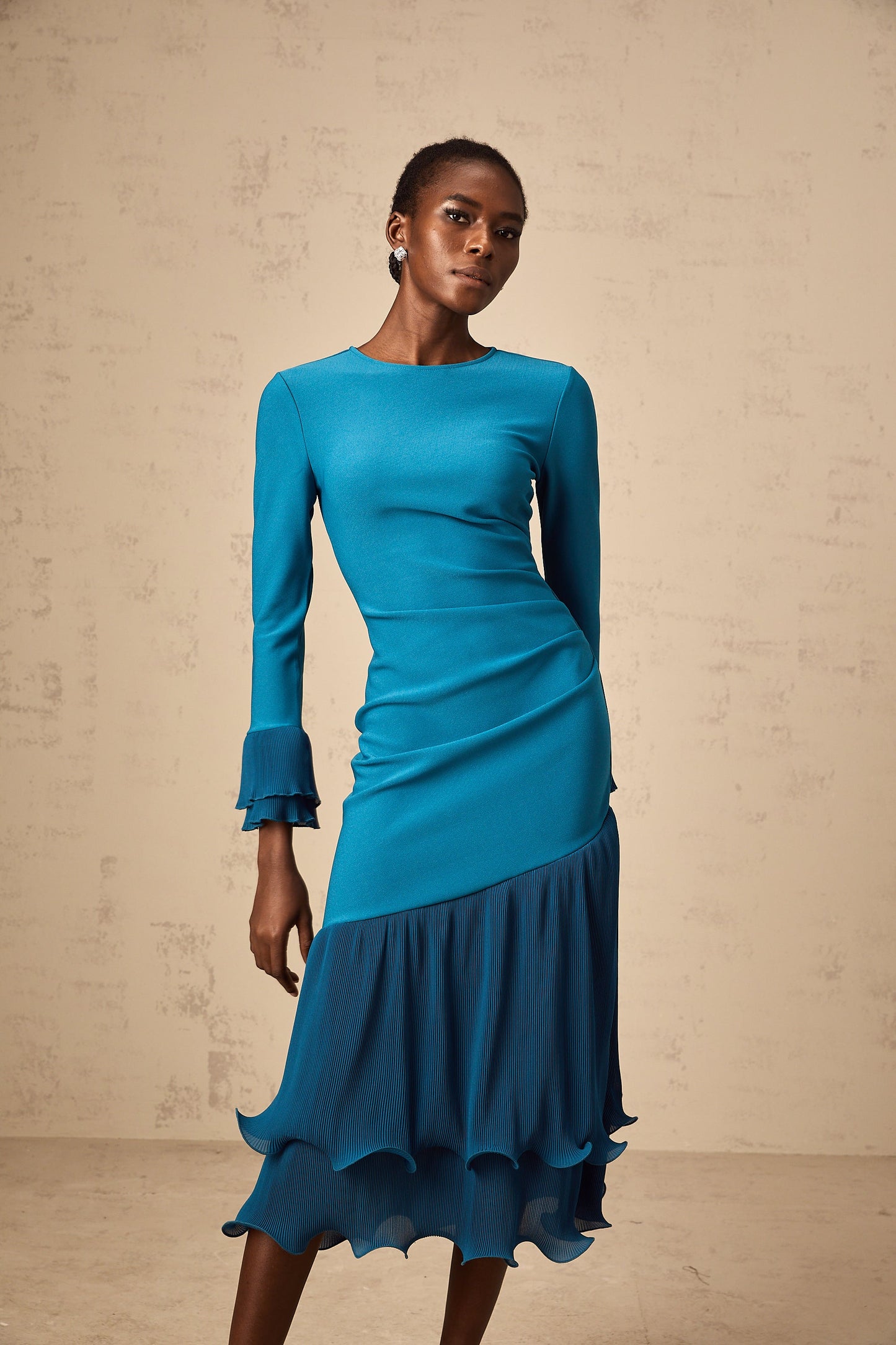 Fleurida ruffled-trim panelled midi dress in Blue
