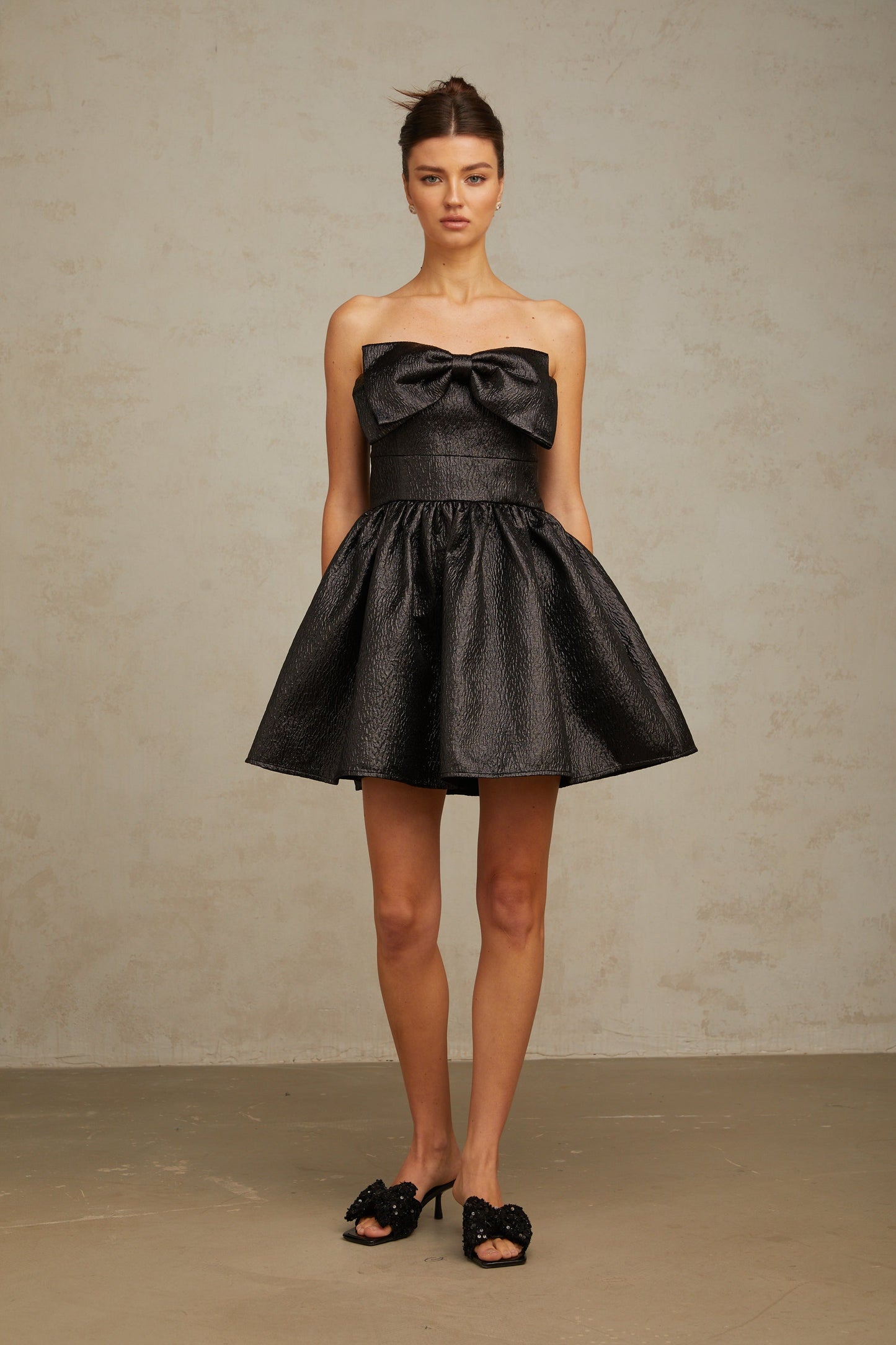 Colette black bow metallic mini dress