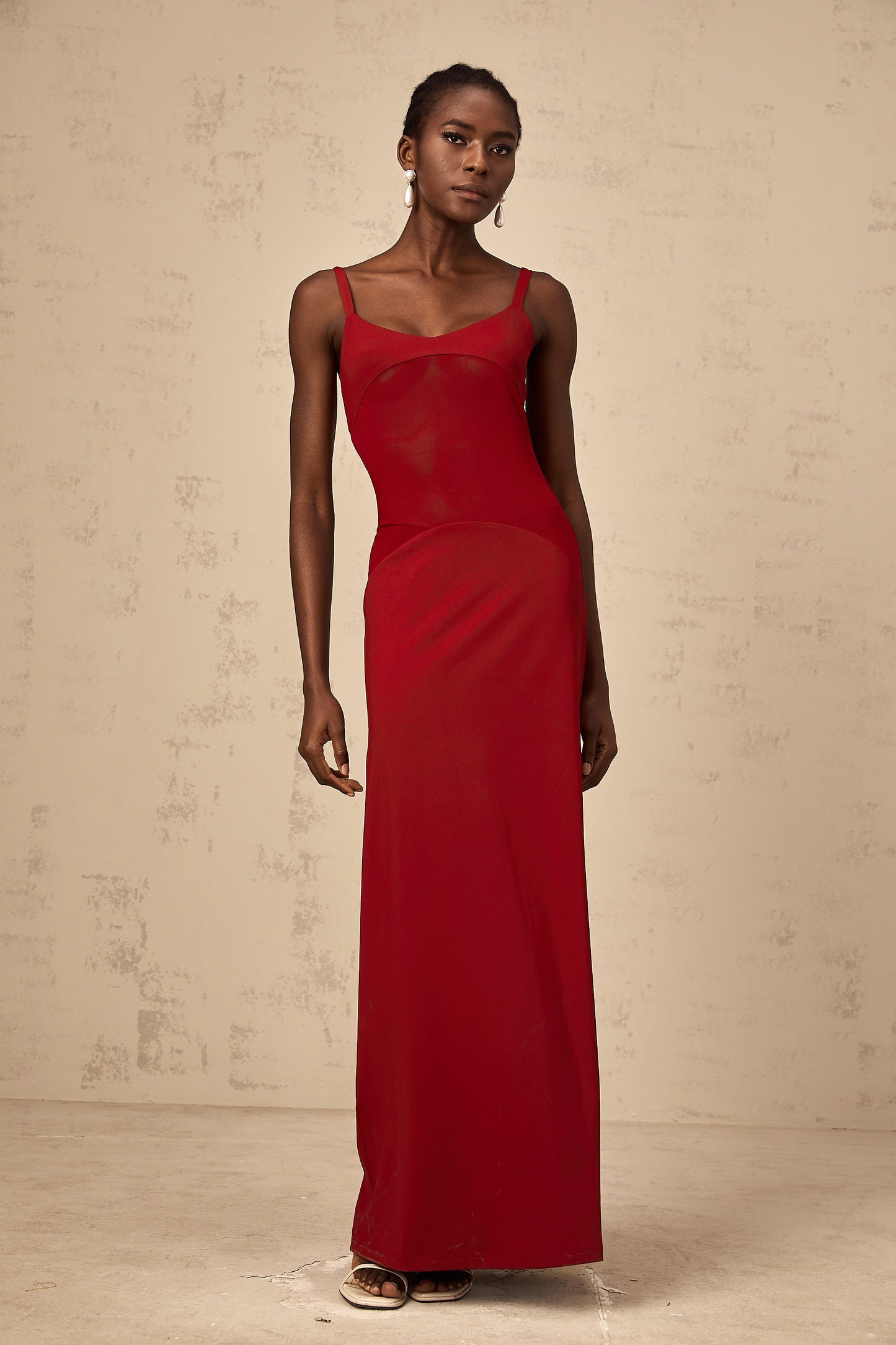 Céline red semi-sheer tulle-panel maxi dress