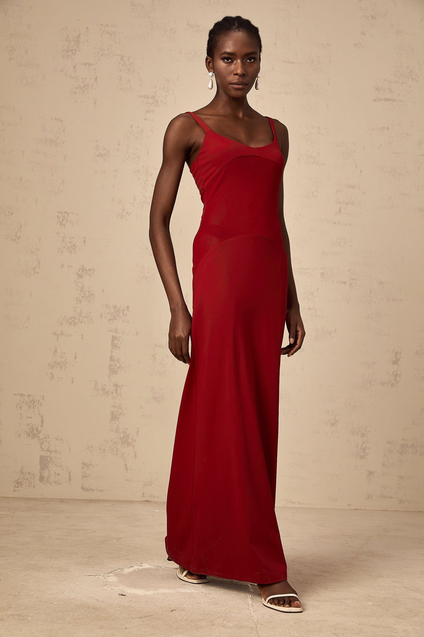 Céline red semi-sheer tulle-panel maxi dress