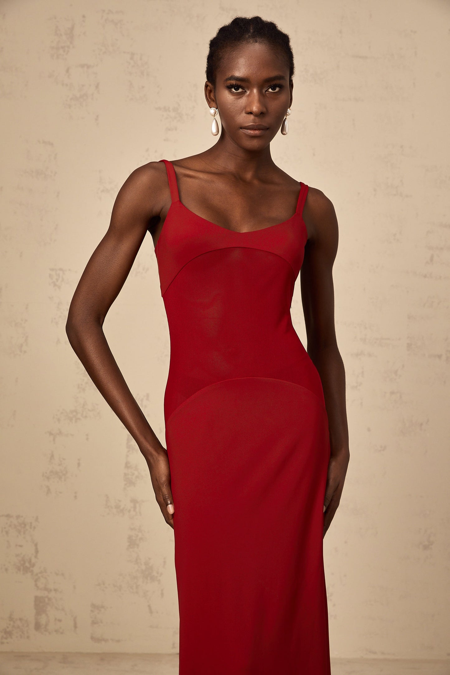 Céline red semi-sheer tulle-panel maxi dress