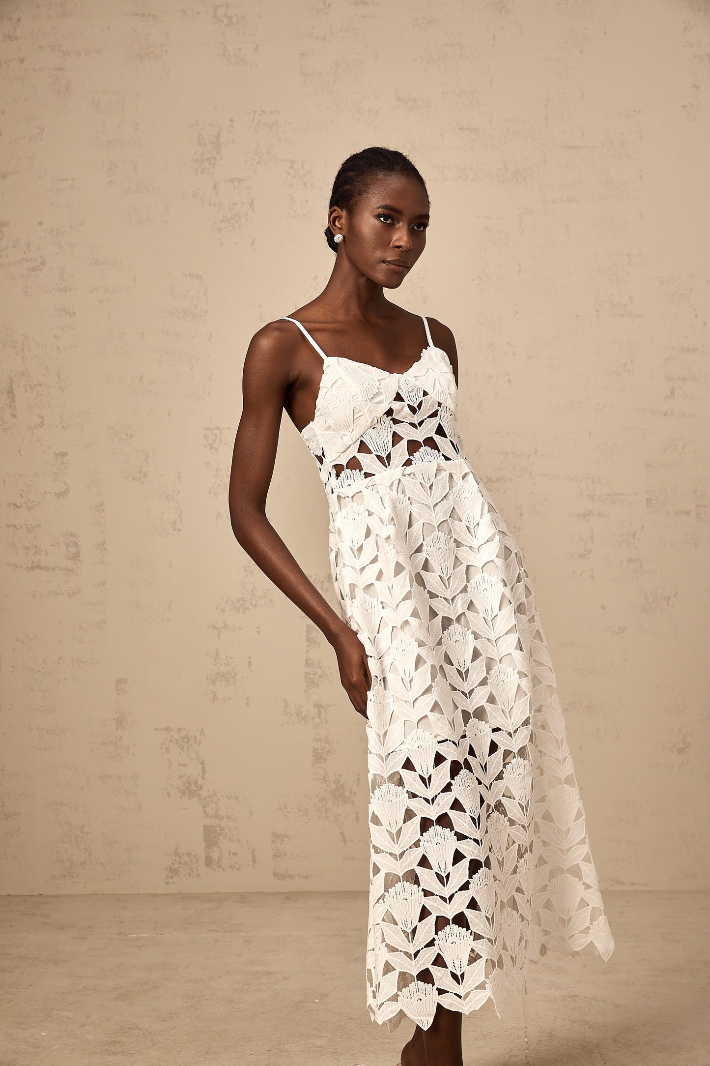 Delphine white cut-out lace midi dress