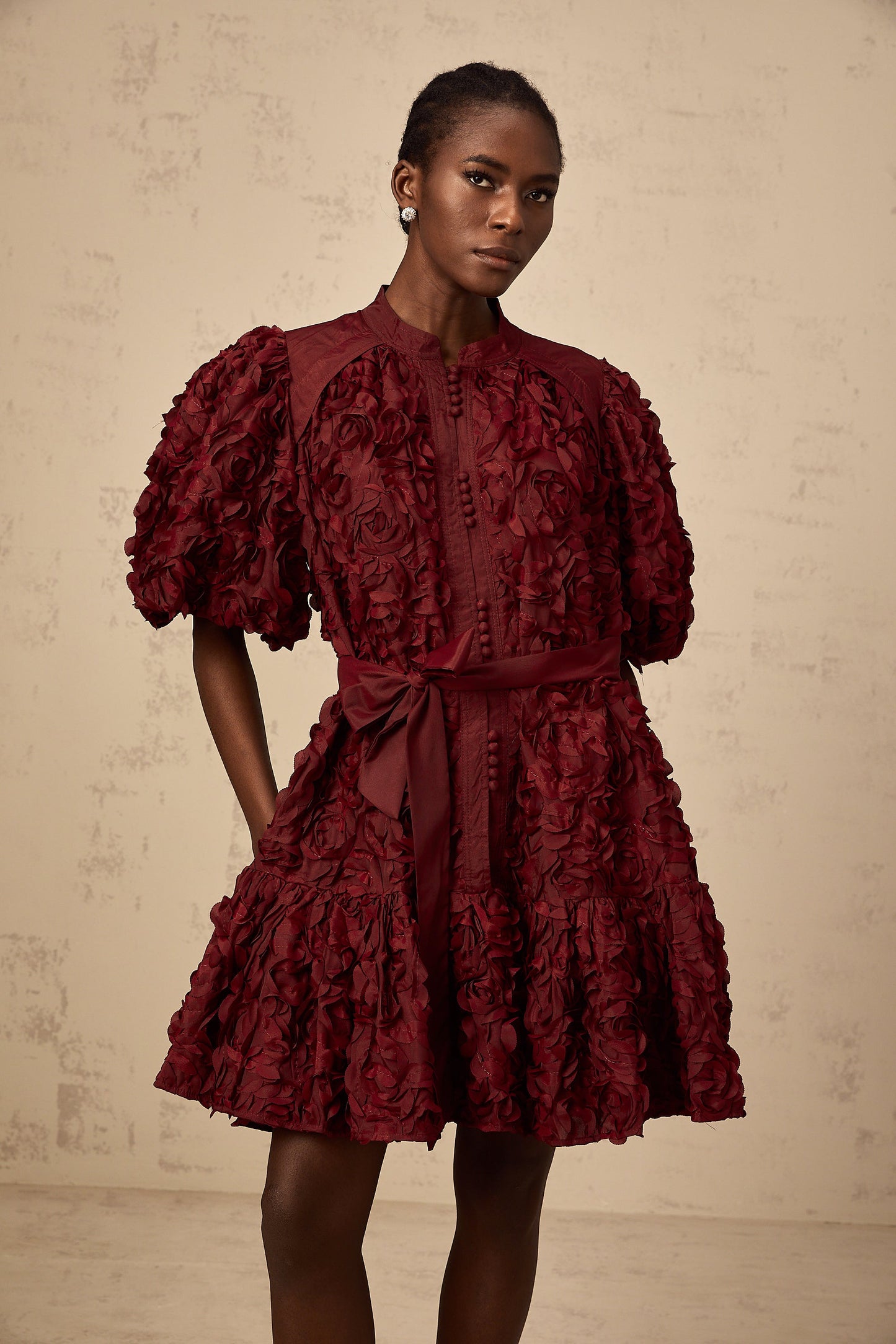 Ségolène wine-red 3D-petal puff mini dress