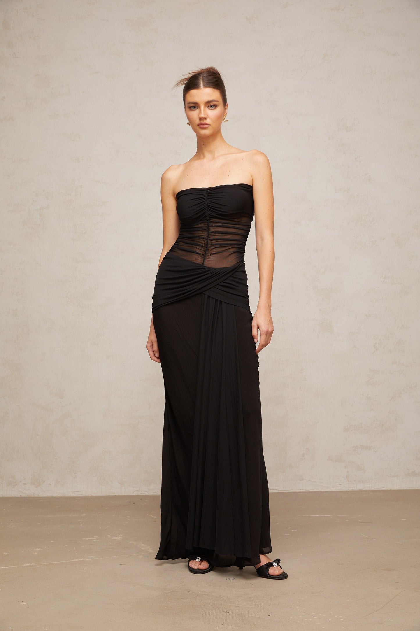 Justine black semi-sheer pleated tulle maxi dress