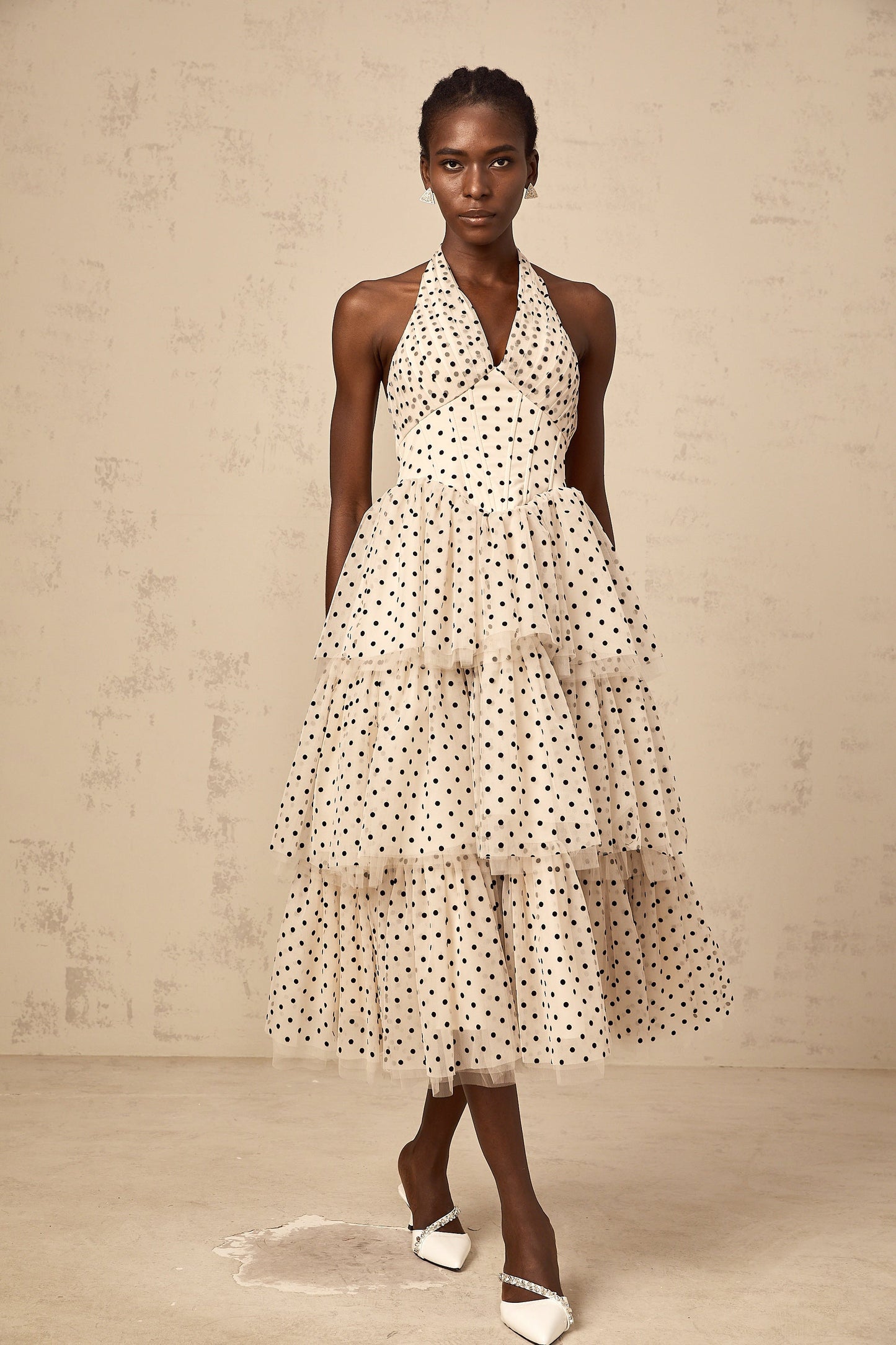 Philae ivory polka-dot tiered midi dress