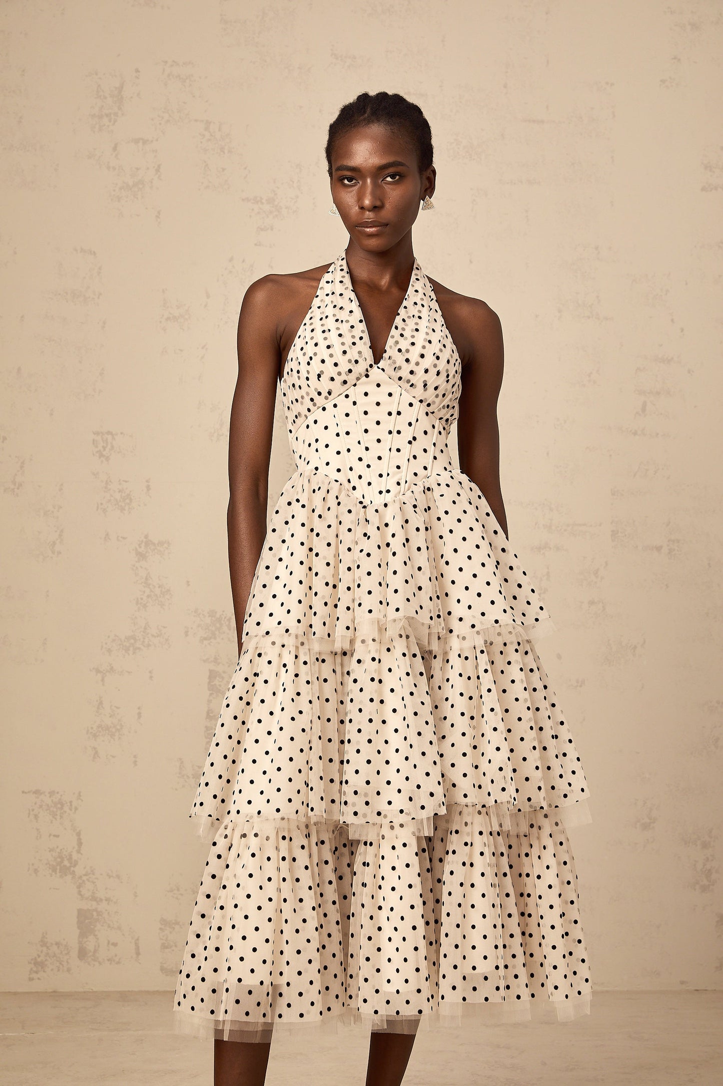 Philae ivory polka-dot tiered midi dress
