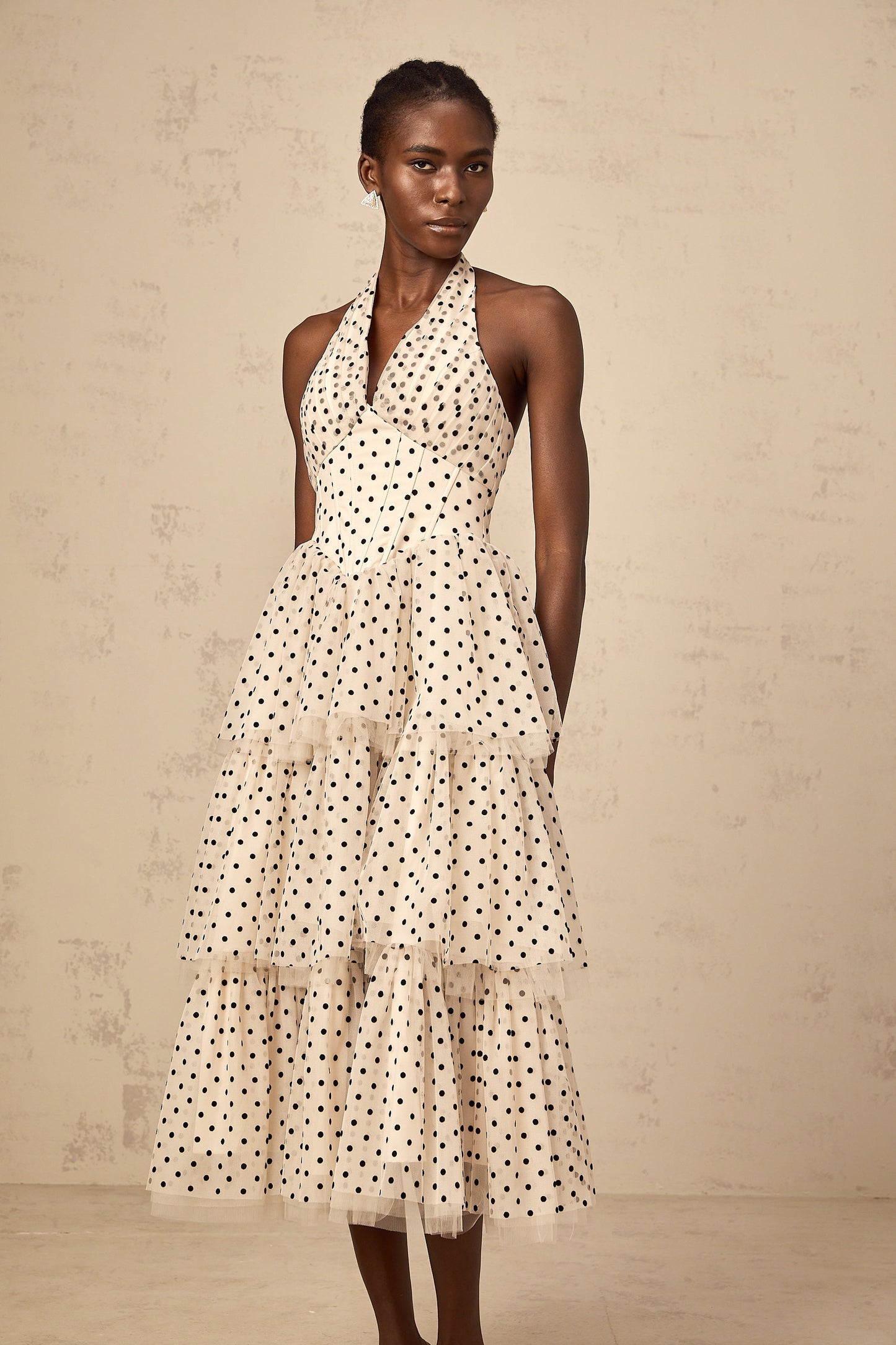 Philae ivory polka-dot tiered midi dress