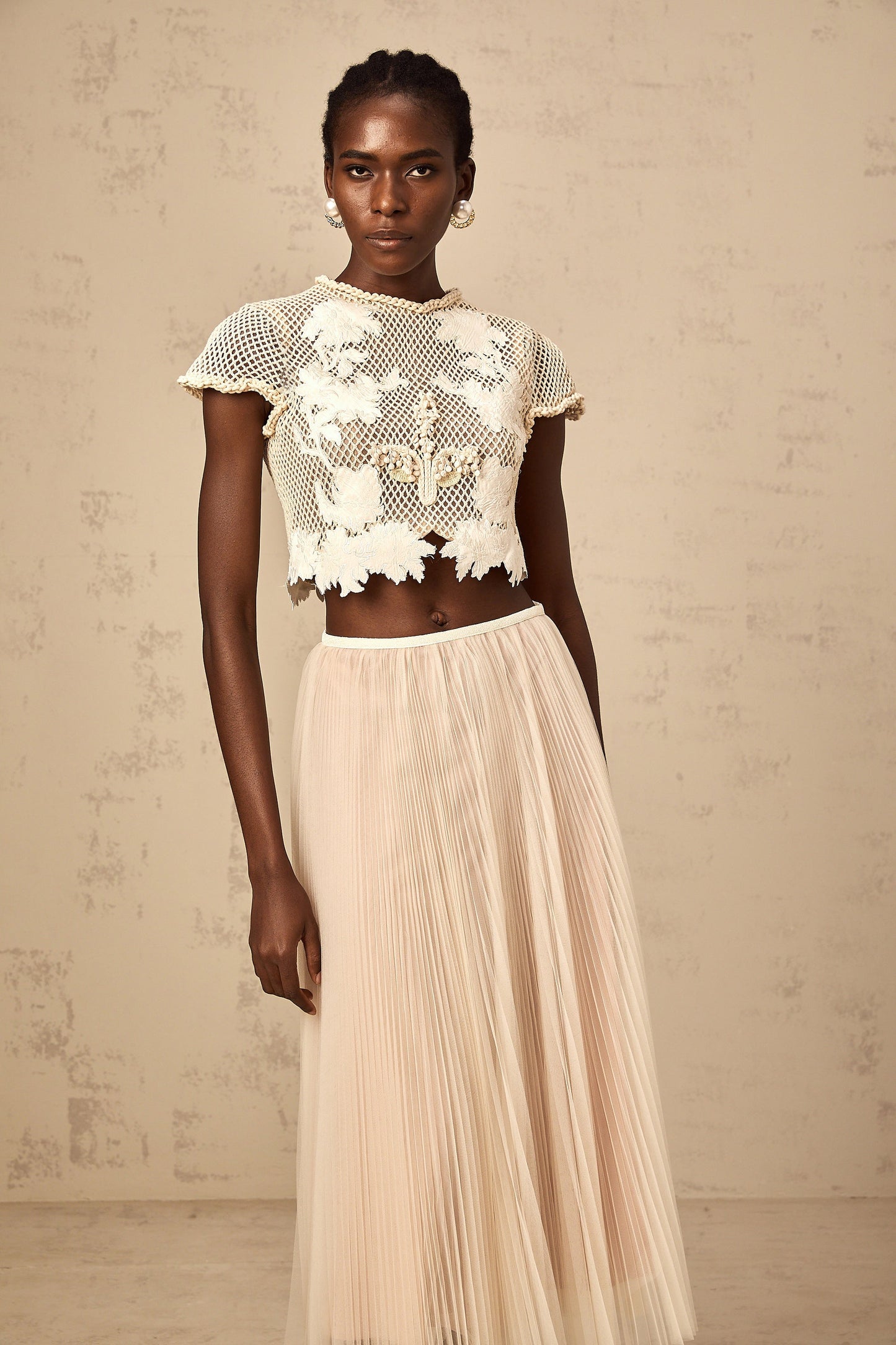 Perle neutrals floral-appliqué top & skirt matching set