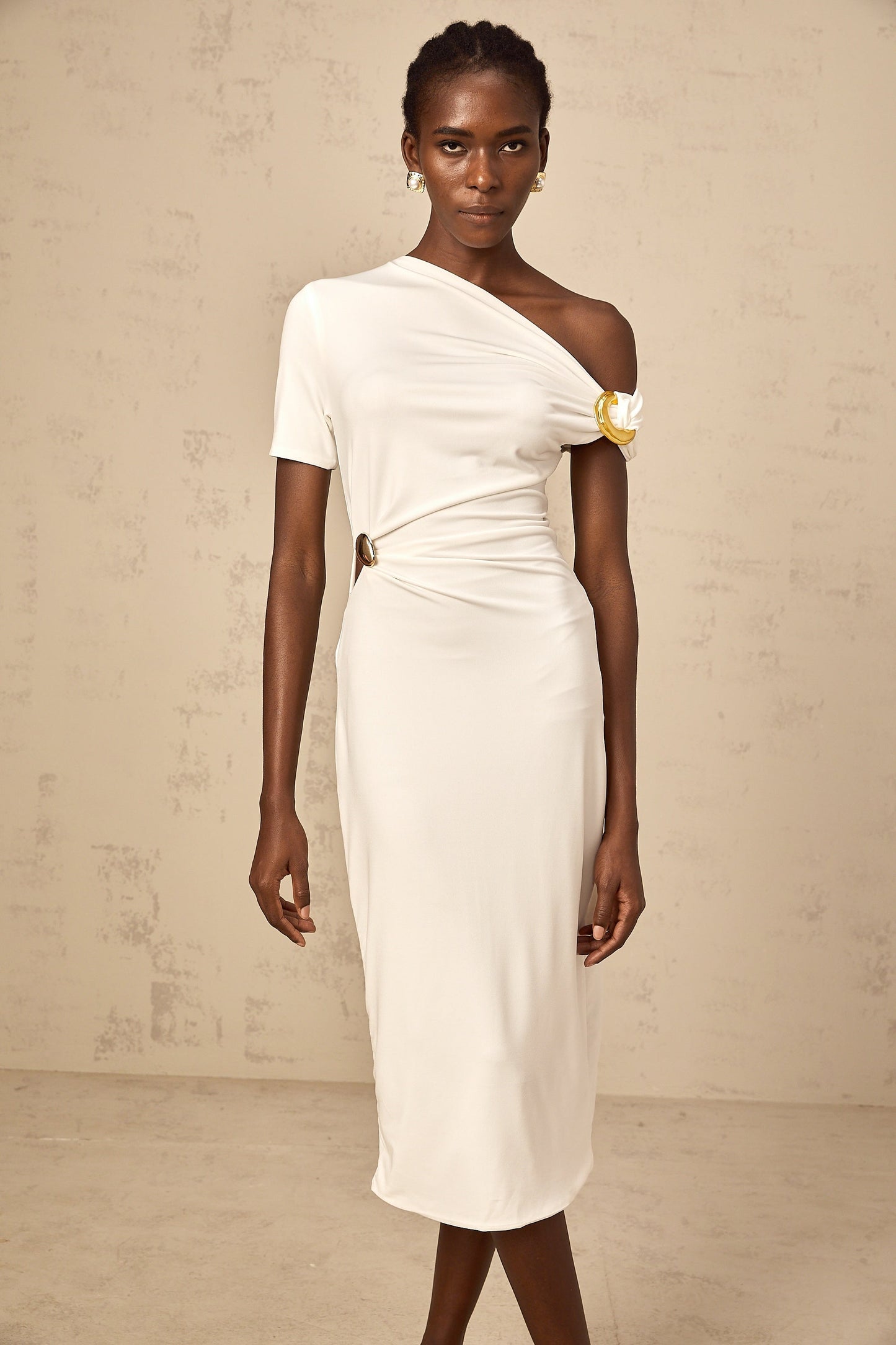 Béryl white asymmetrical buckle midi dress