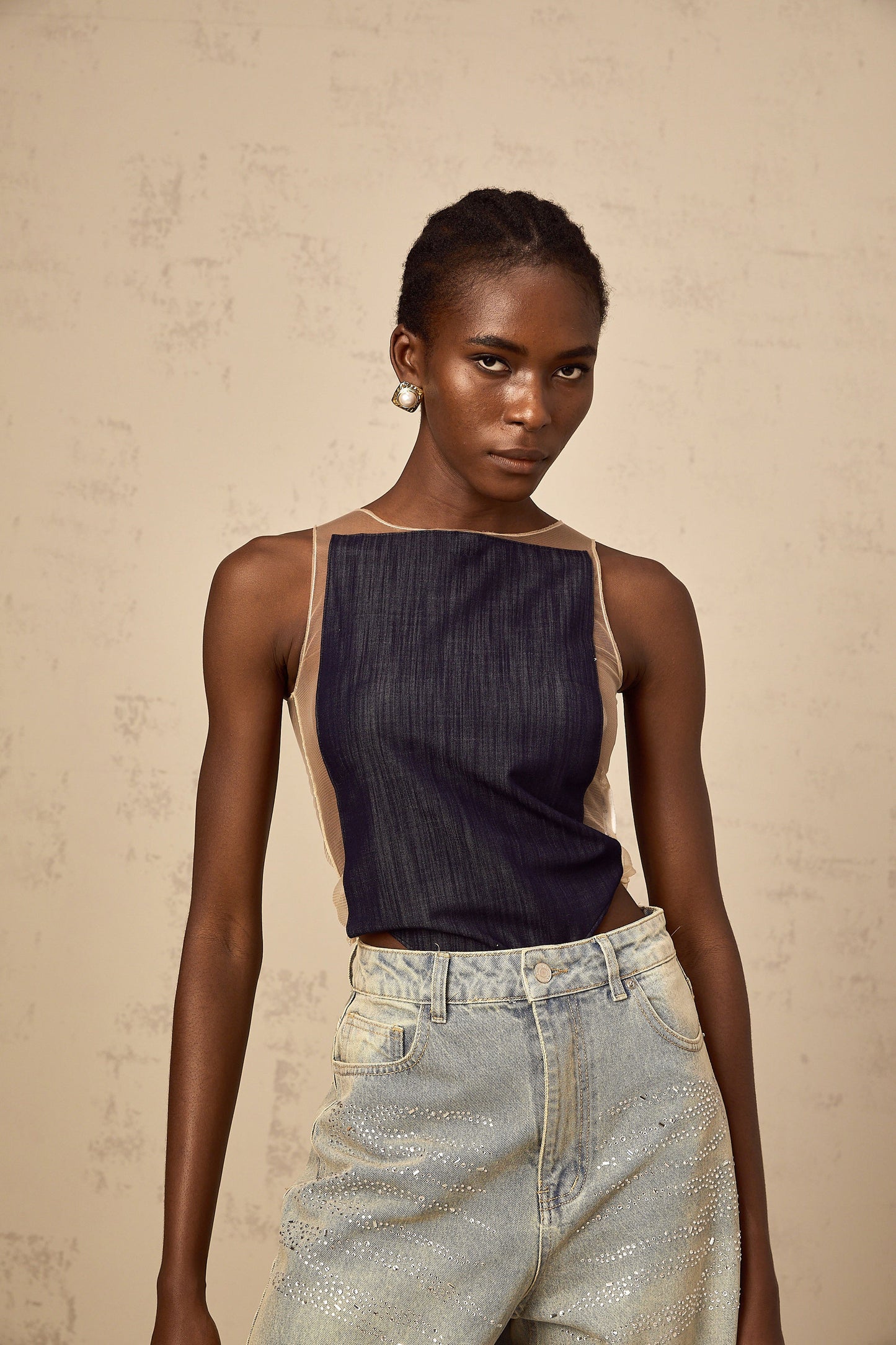 Sandrine blue denim semi-sheer bodysuit