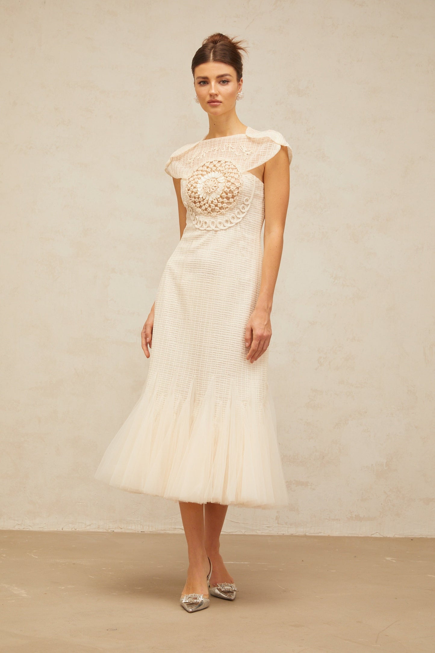 Bérengère white jacquard tulle-panel midi dress