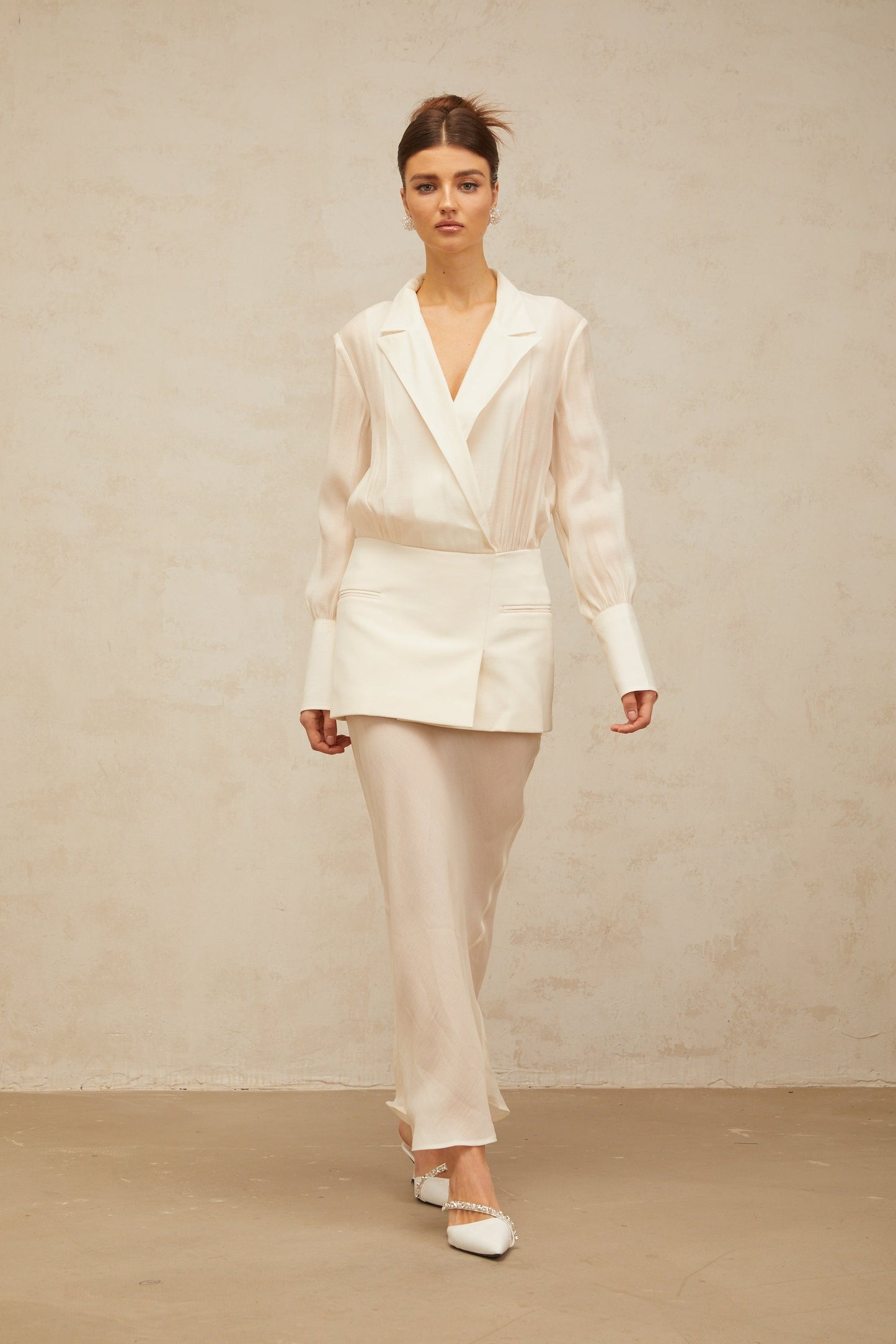 Gisèle white panelled semi-sheer maxi dress