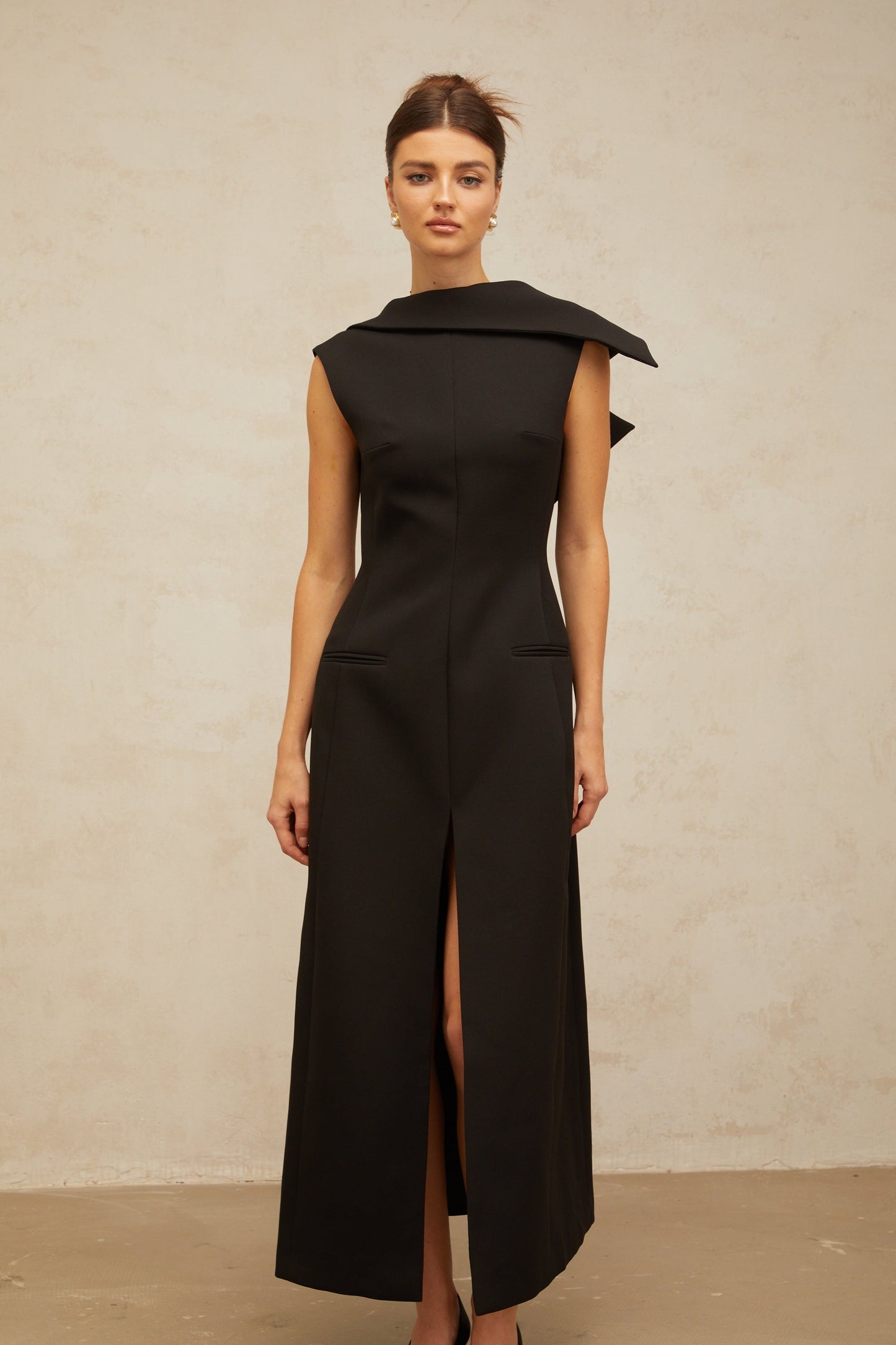 Léonore black deconstructed open-back midi dress