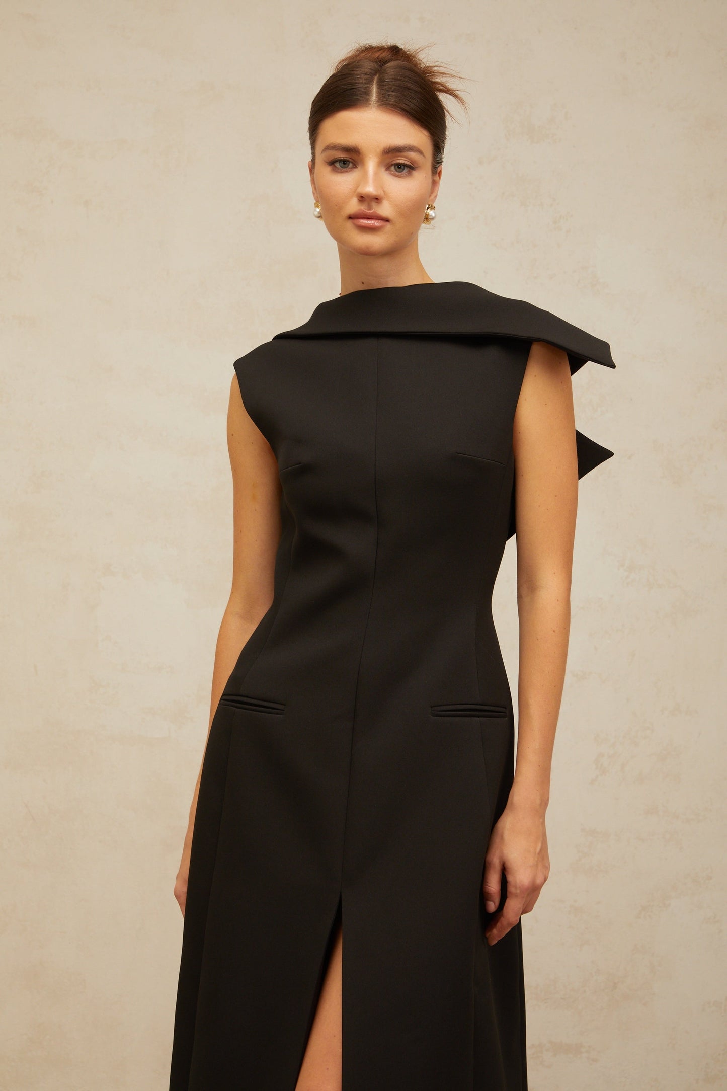 Léonore black deconstructed open-back midi dress