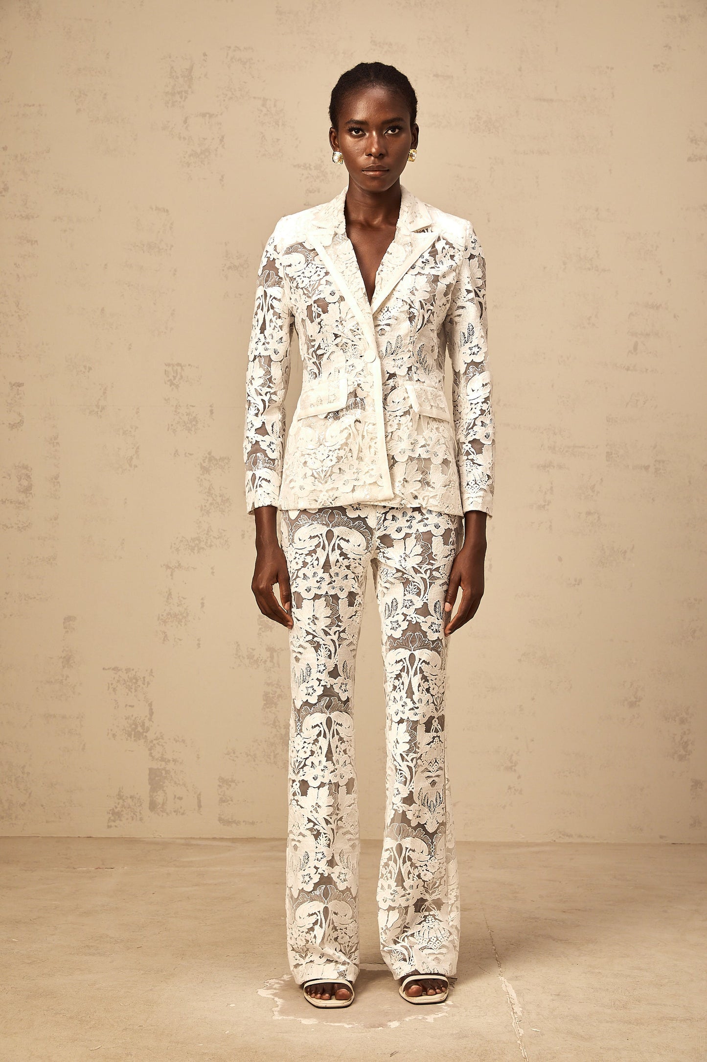 Yaelle white sequined flower-embroidered tulle blazer & trousers matching set