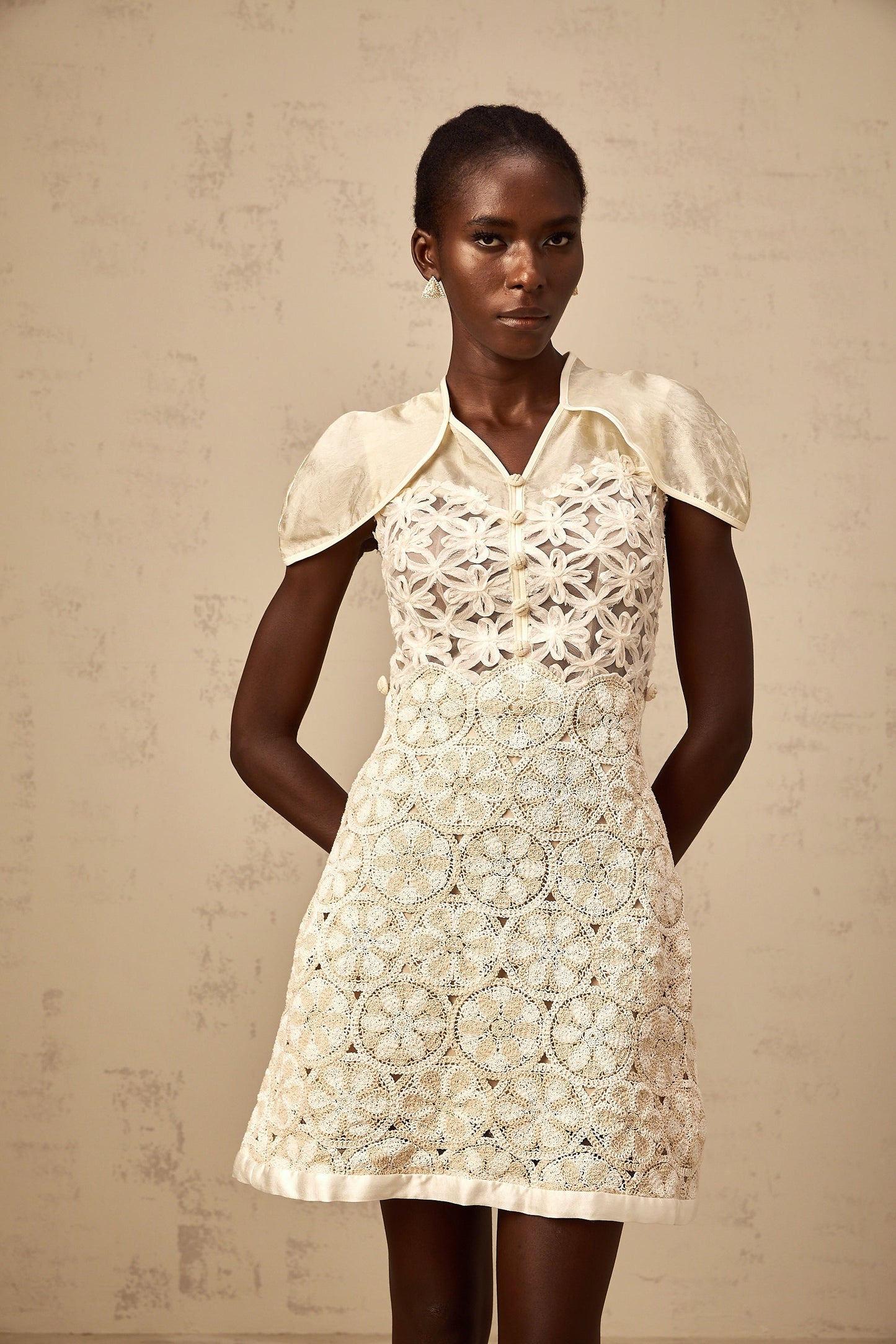 Wilhelmine cream embroidered panelled mini dress