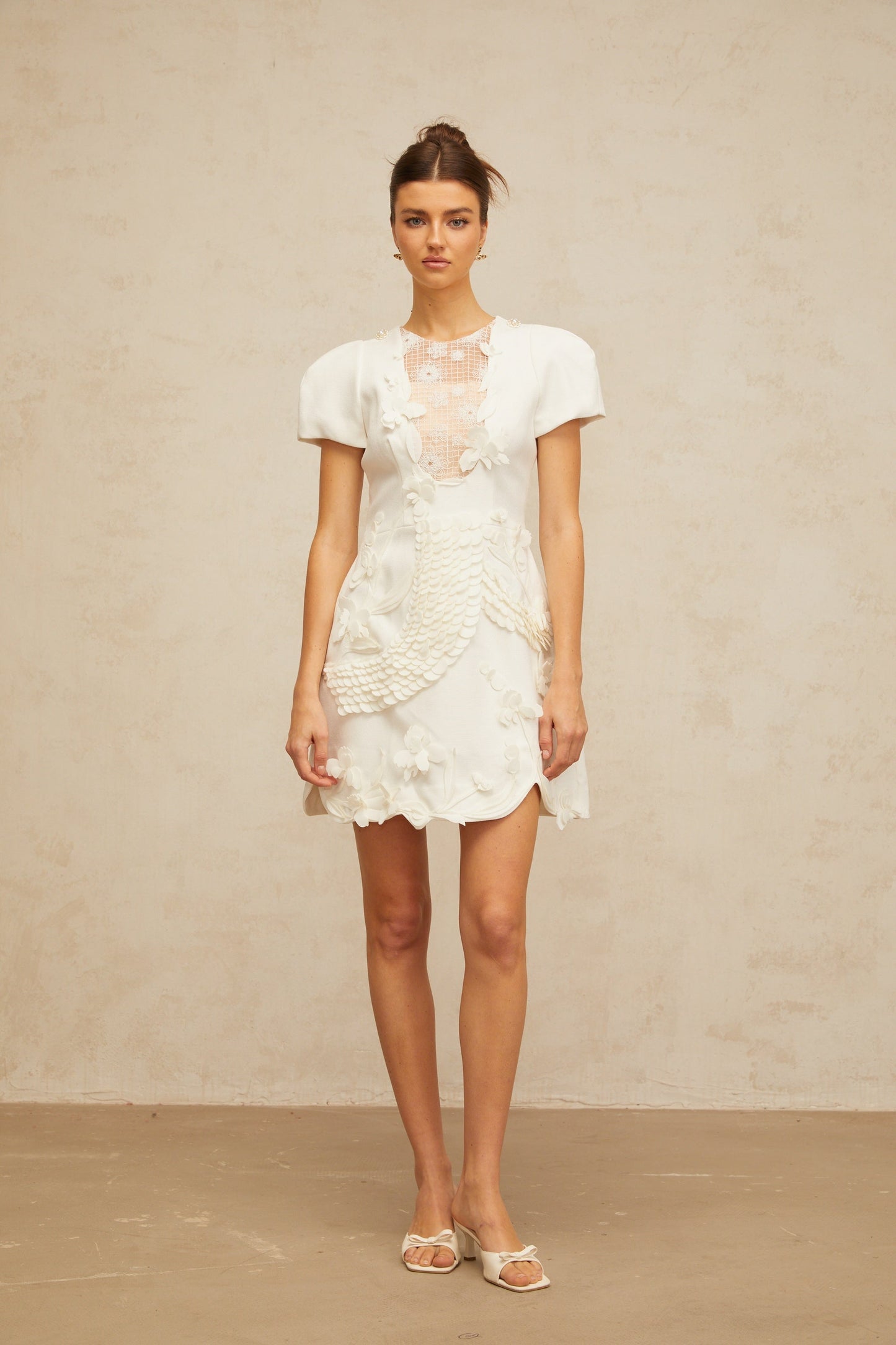 Frida white floral-appliqué puff mini dress