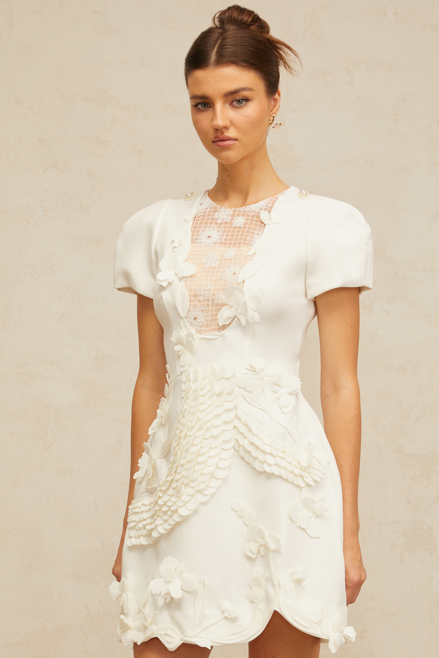 Frida white floral-appliqué puff mini dress