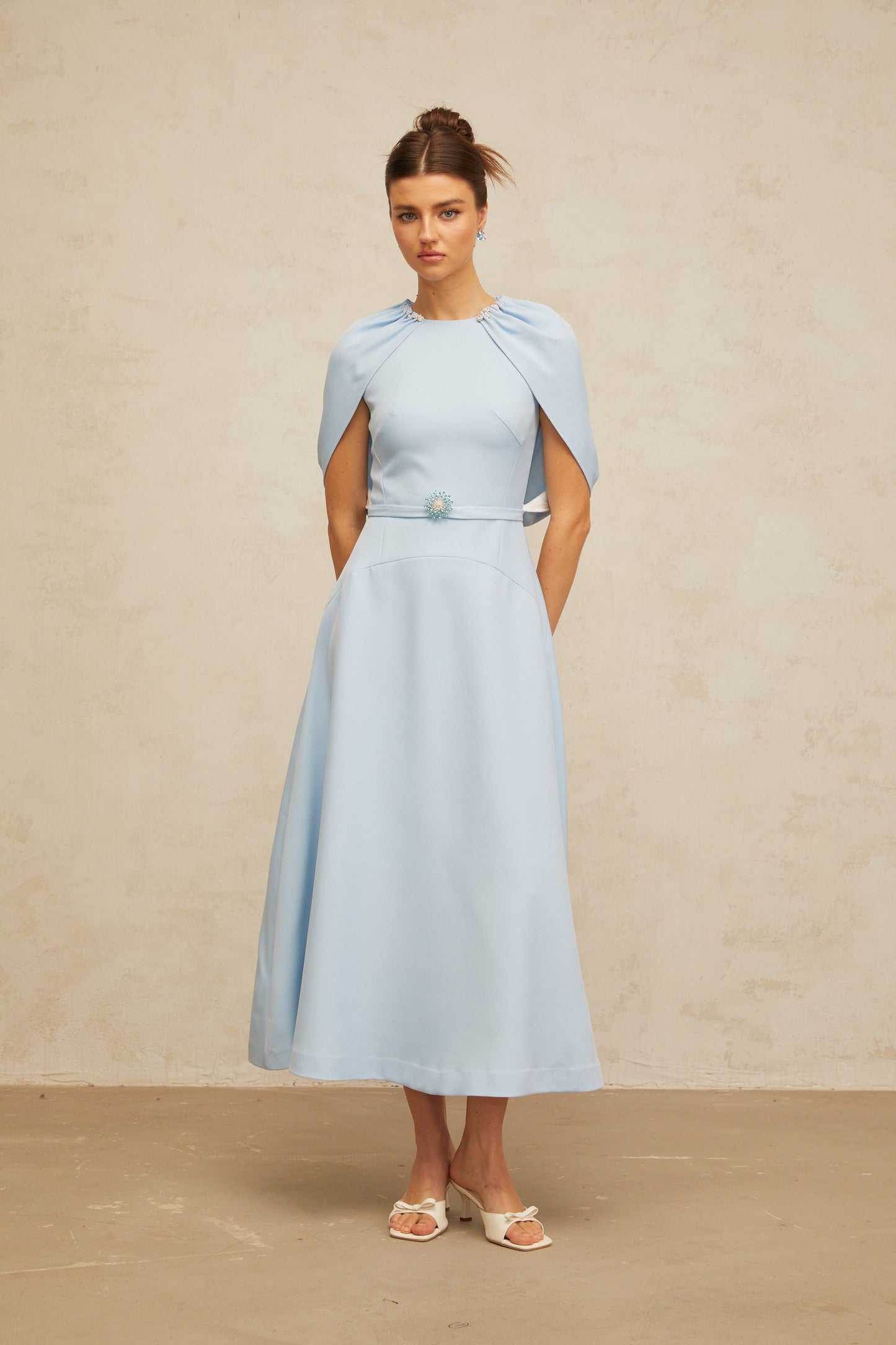 Lina blue shawl-panel embellished midi dress