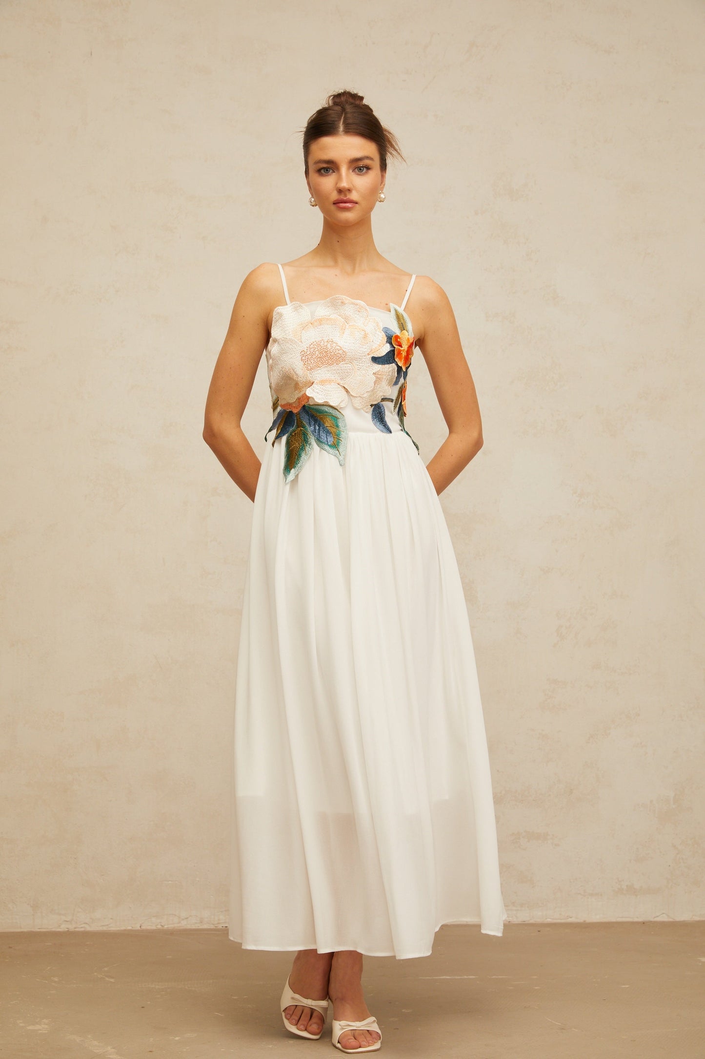 Josette floral-embroidered shirred maxi dress in White
