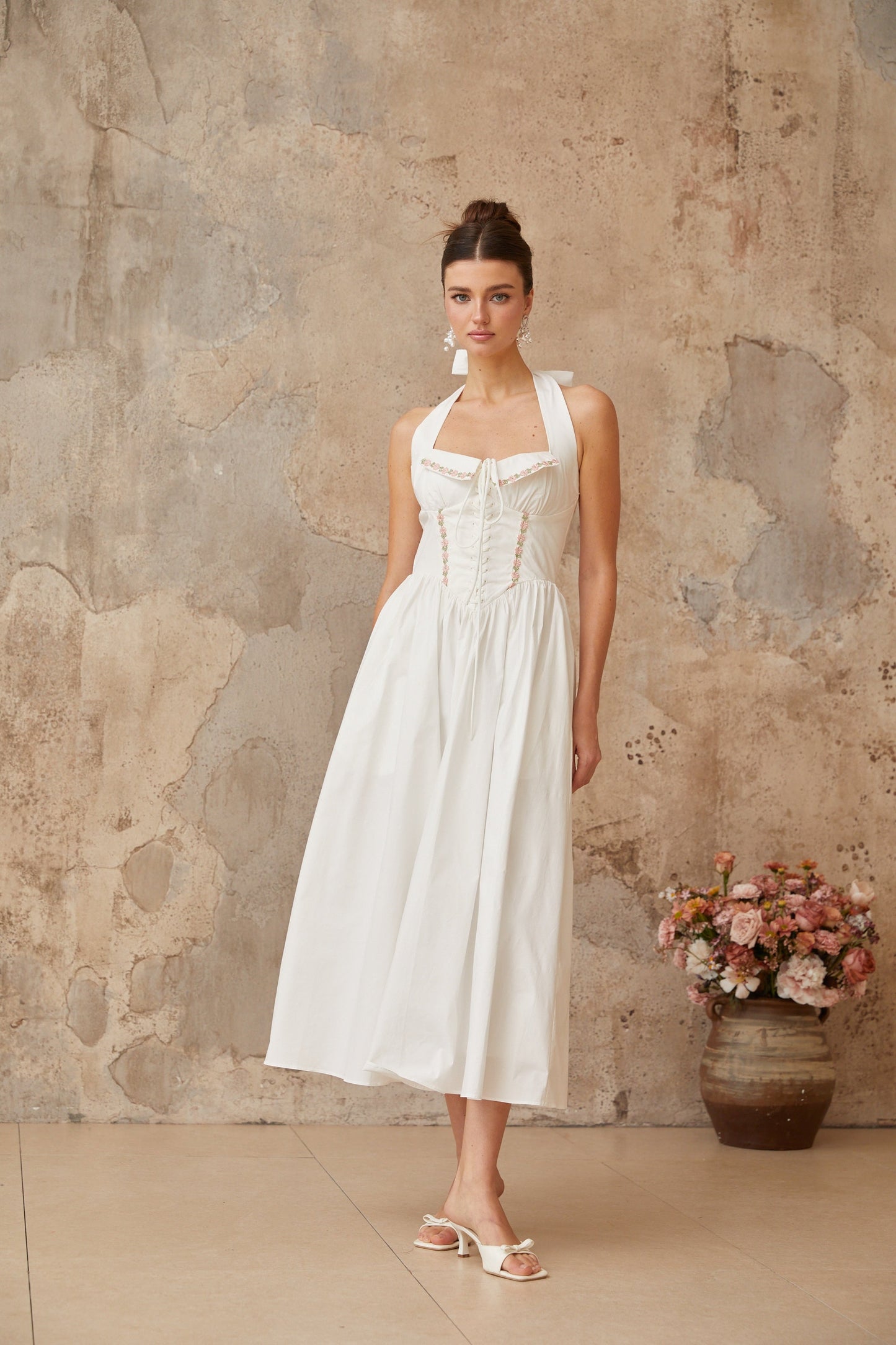 Dulcie white lace-up-detail shirred midi dress