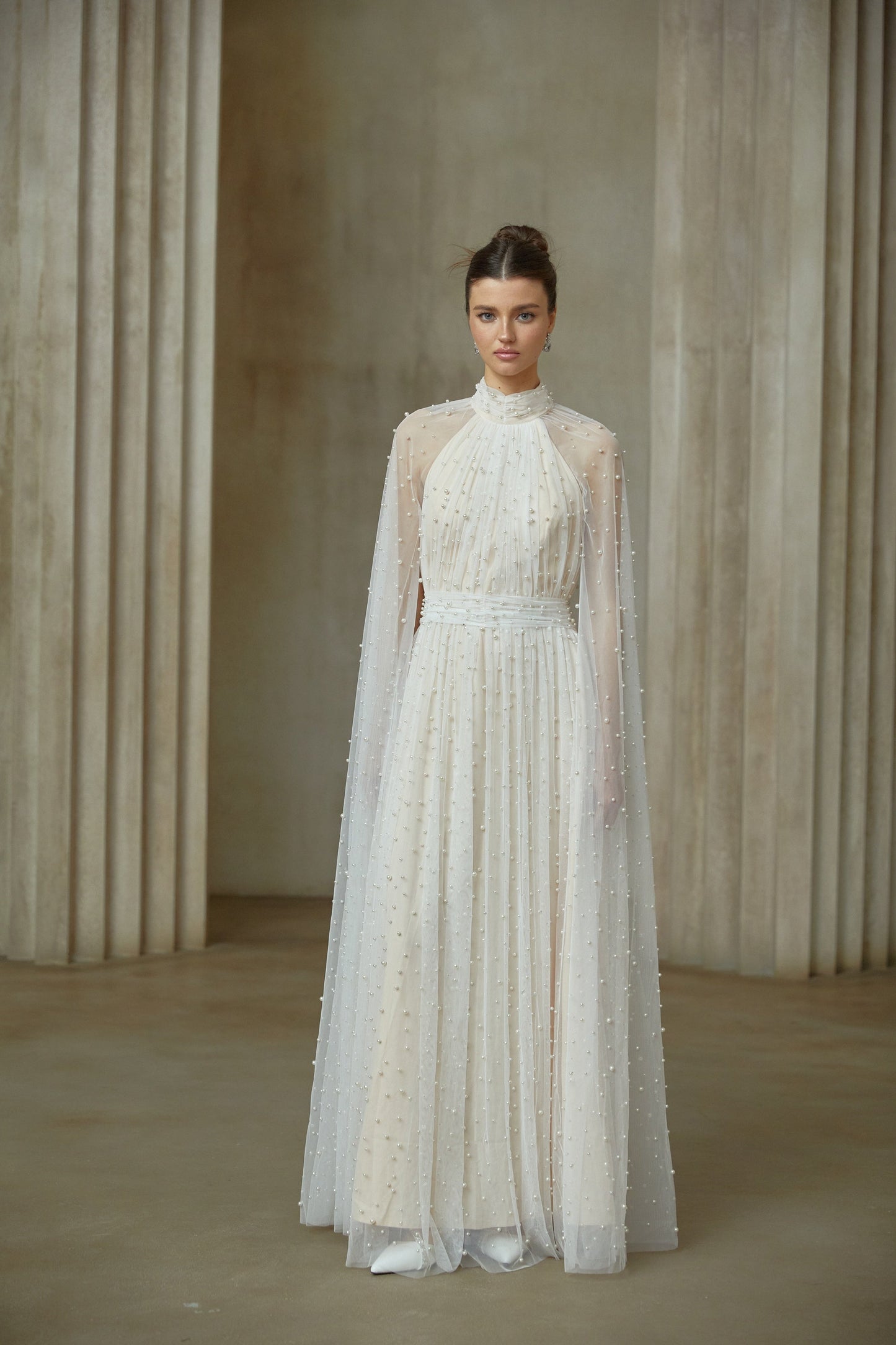 Louane white cape-design embellished tulle maxi dress