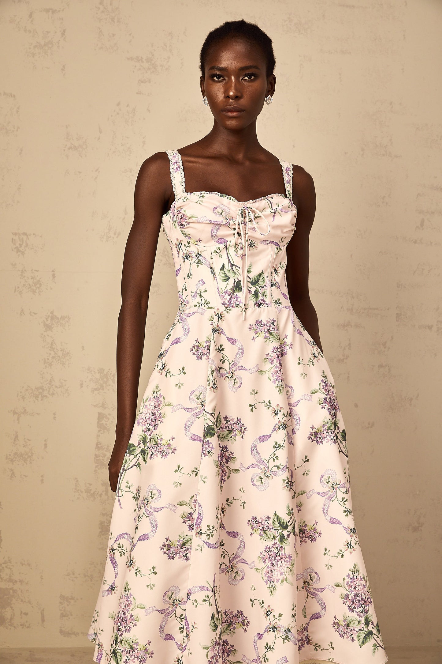 Eole Pink Floral Print Shirred Midi Dress