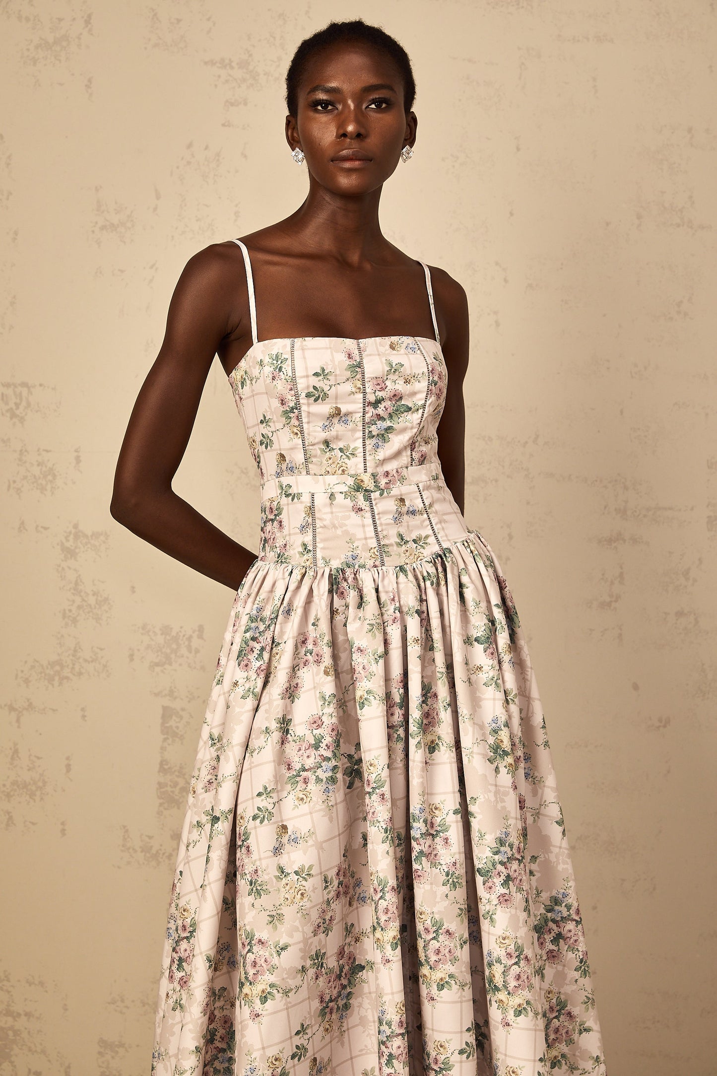 Fleur Neutral Floral Print Midi Dress