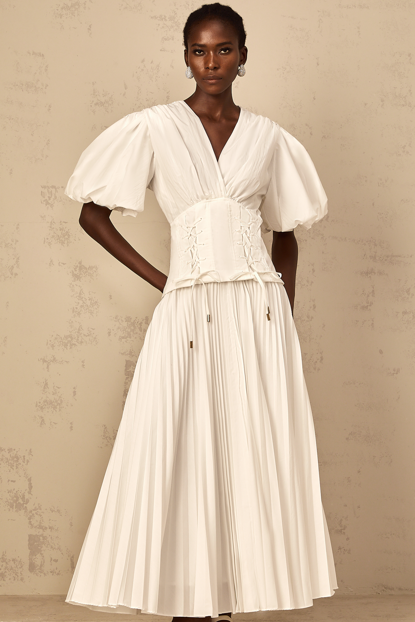 Vienne White Lace-Up Pleated Maxi Dress
