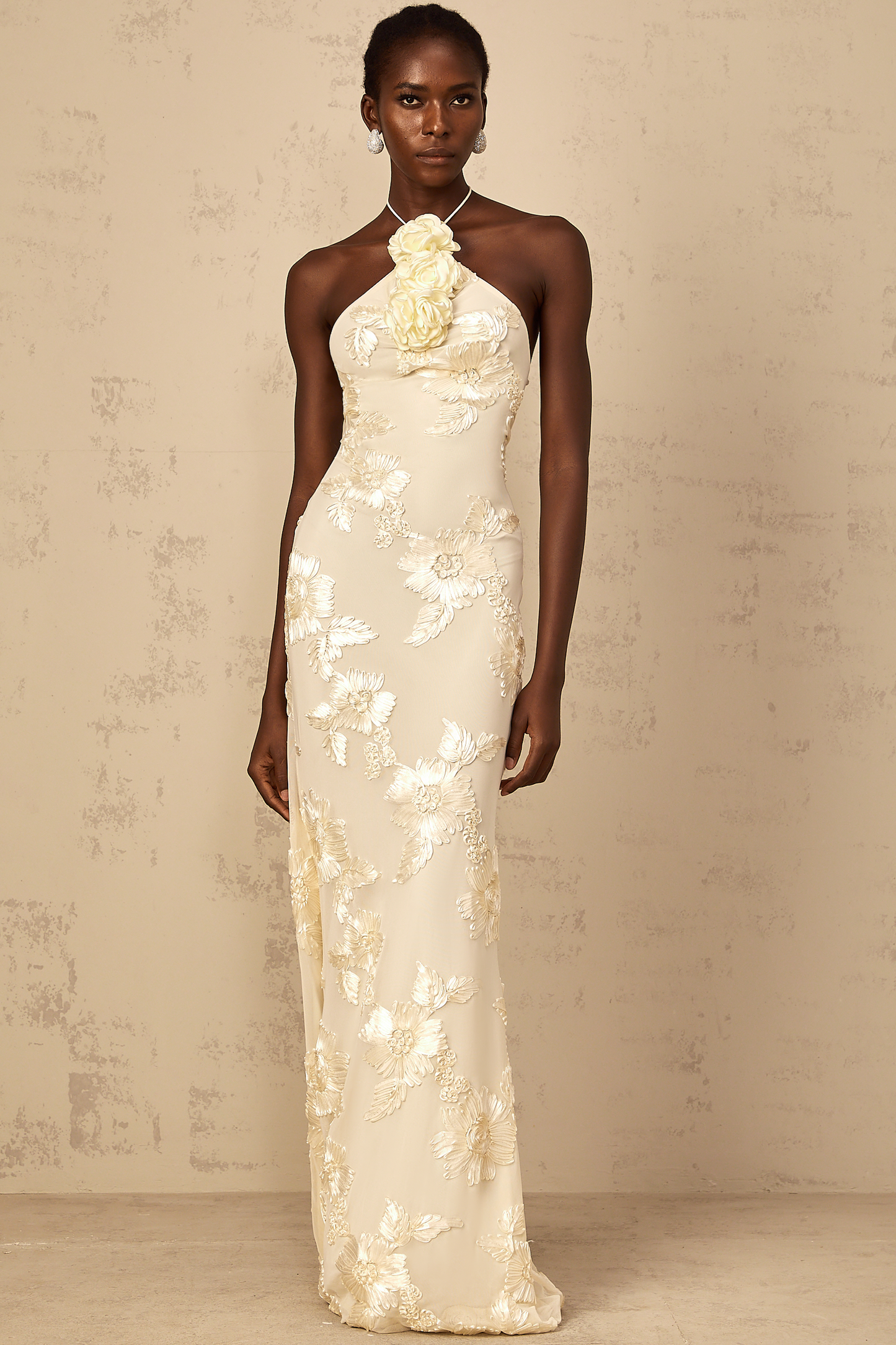 Melanie Neutrals Embroidered Halterneck Maxi Dress