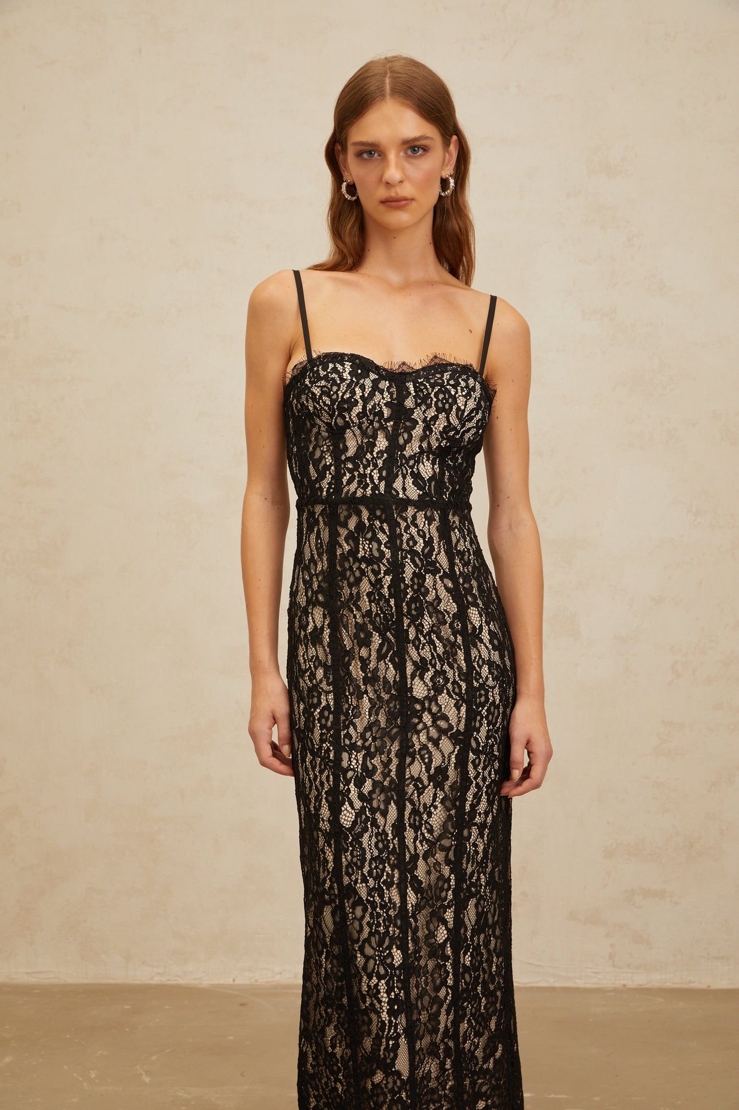 Fleur Black Floral Lace Bustier Maxi Dress