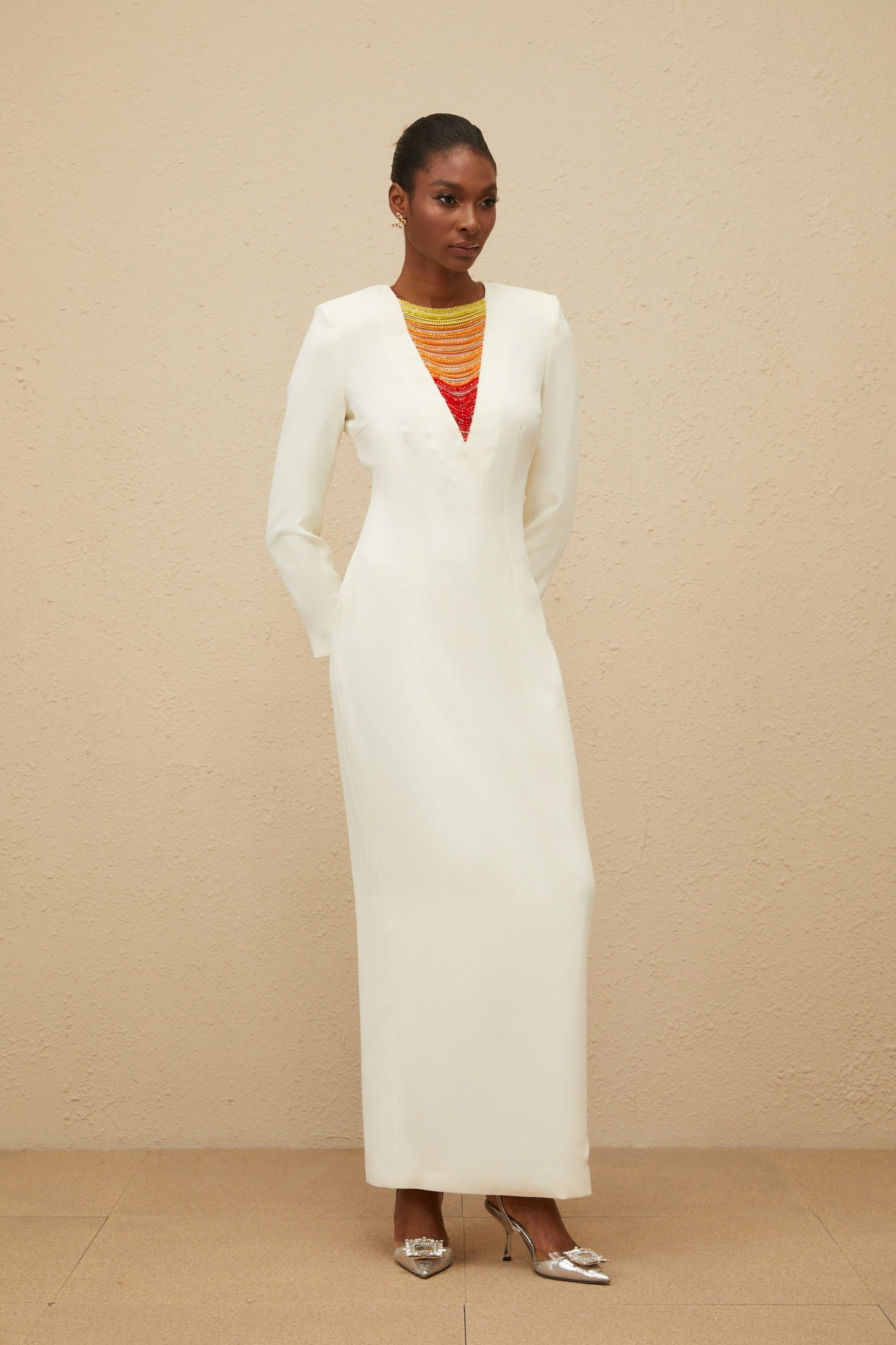 Rosée White Rhinestone Bead Embellished Maxi Dress