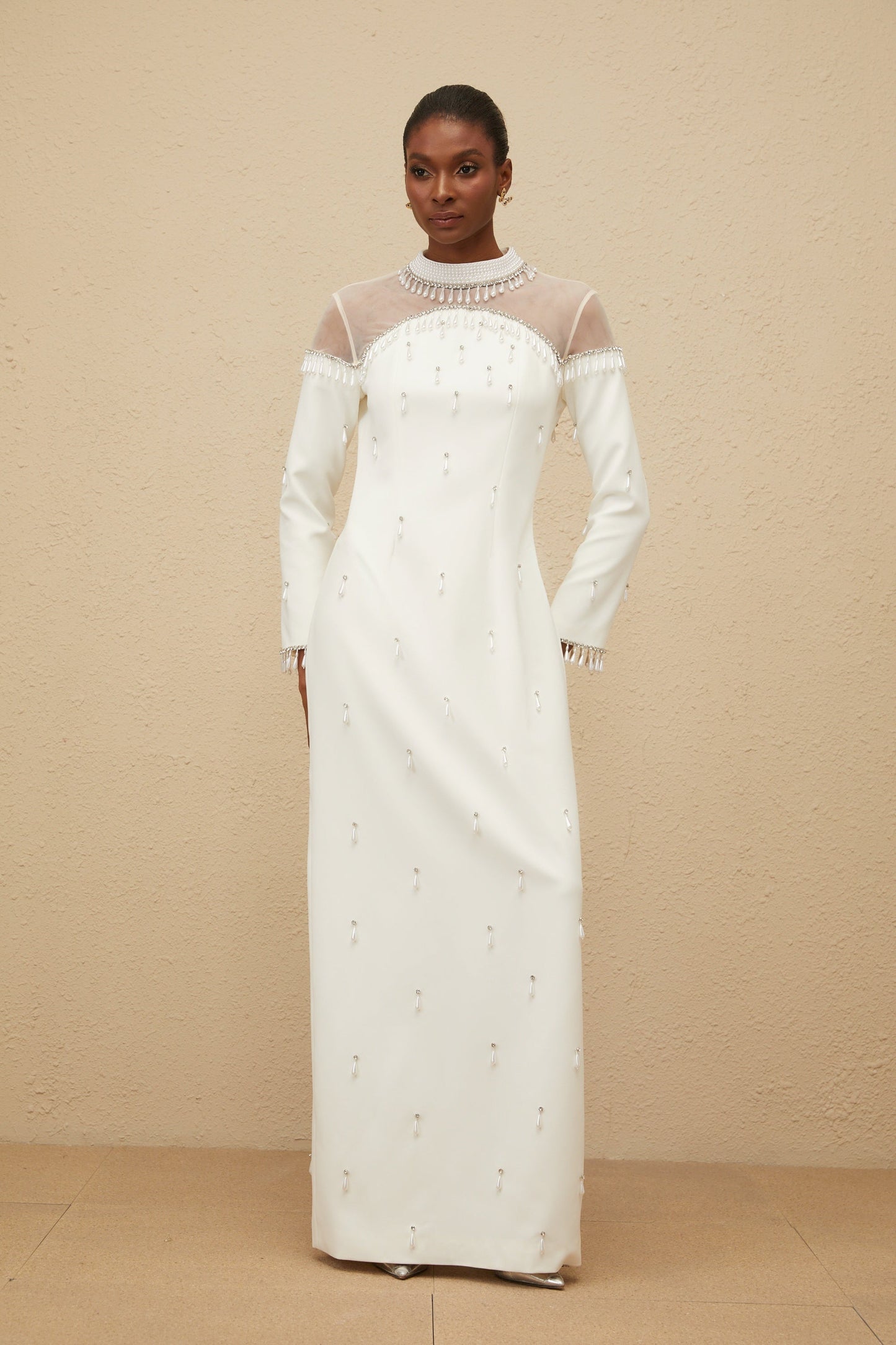 Céline White Embellished Evening Maxi Gown