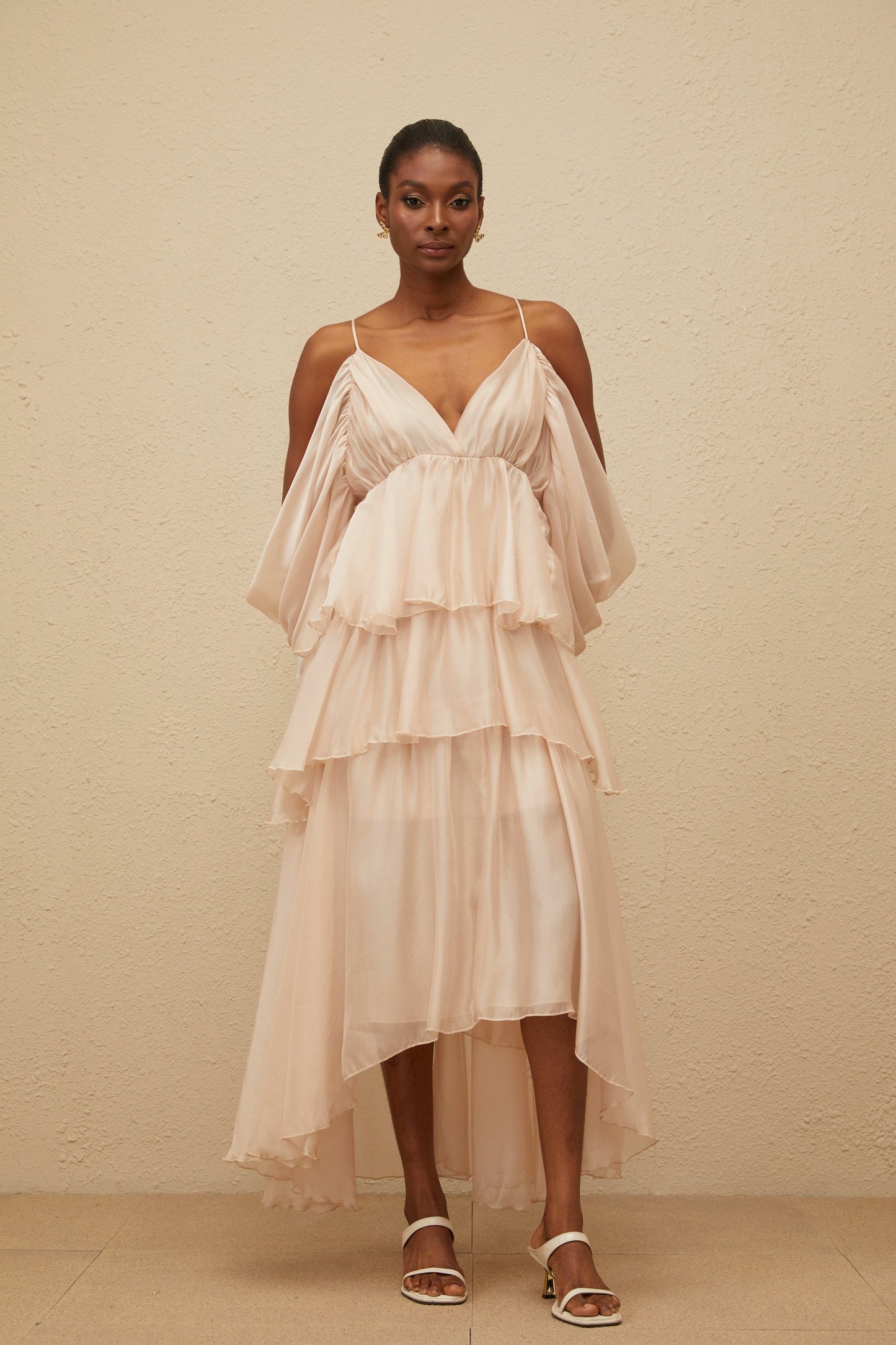 Laurine Asymmetrical Ruffled Tiered Midi Dress