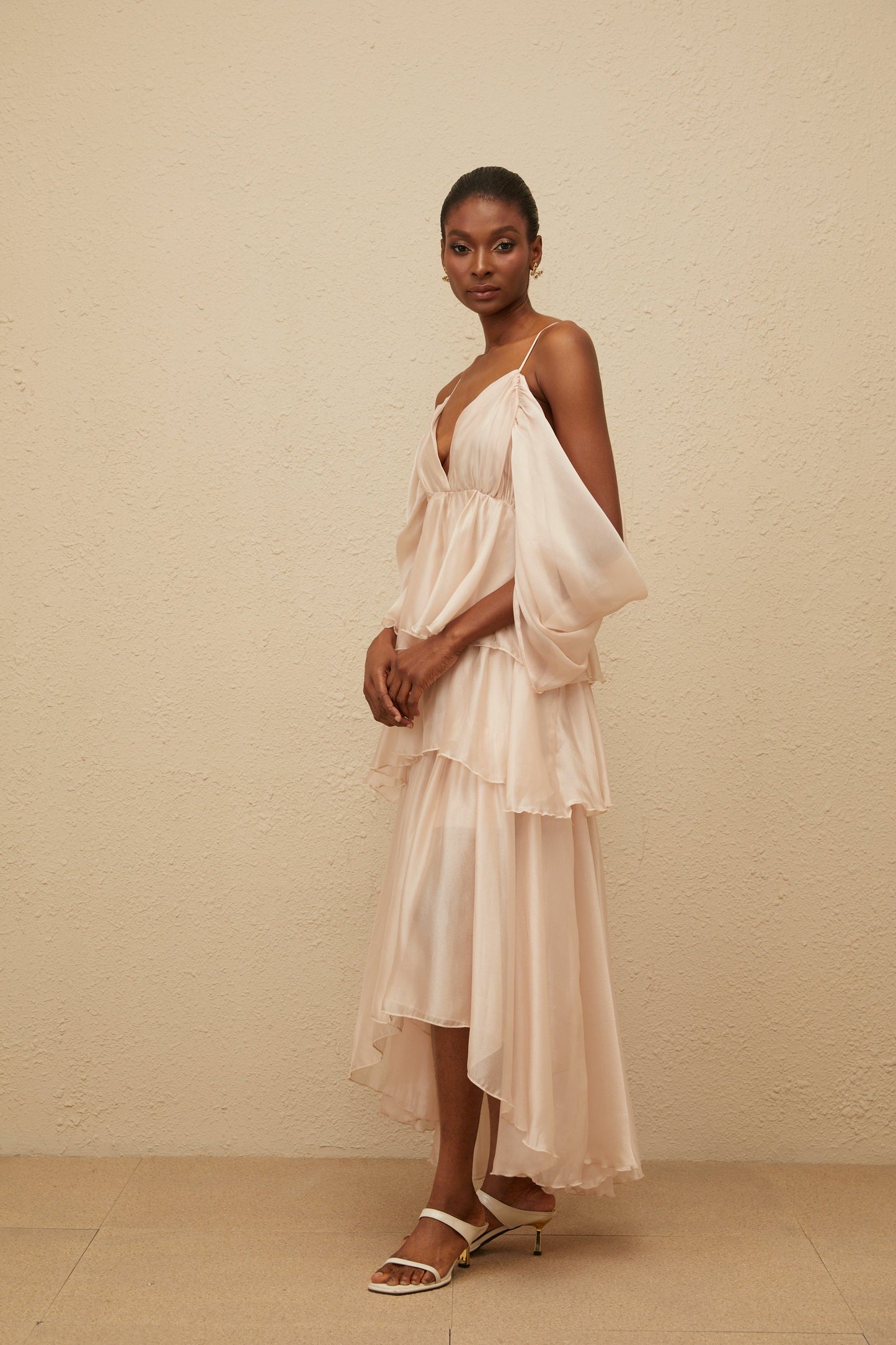 Laurine Asymmetrical Ruffled Tiered Midi Dress