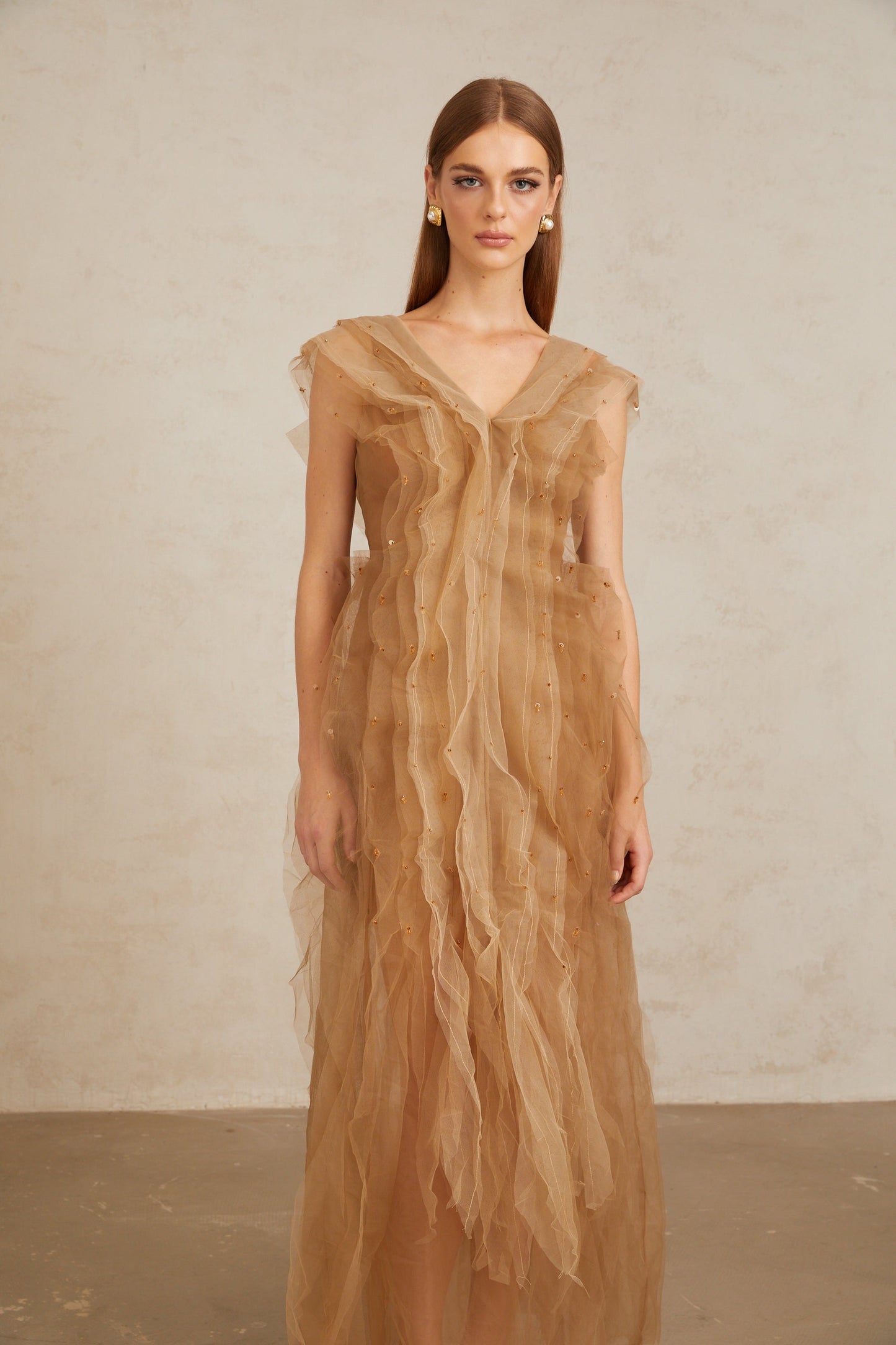 Céleste Brown Layered Tulle Maxi Gown