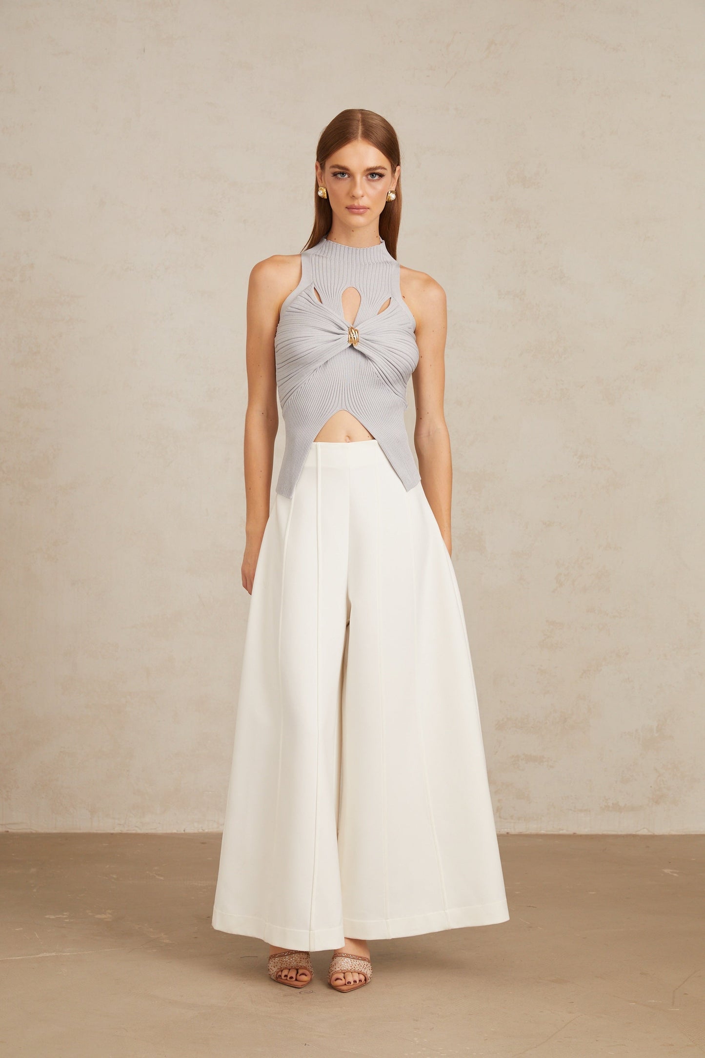 Jolivet Haze Blue Cutout Ribbed Knit Top