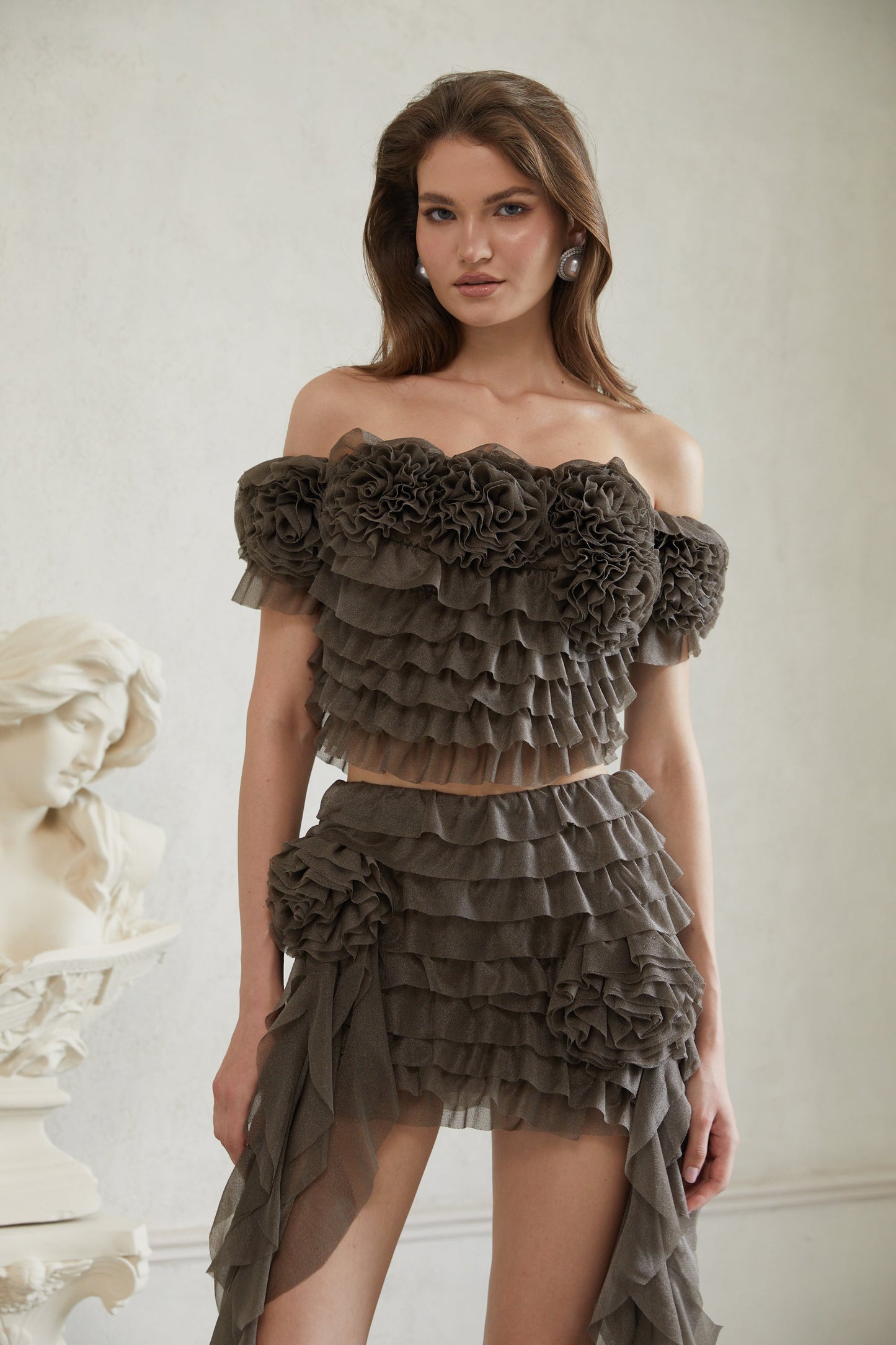 Eini Grey Ruffled Tulle Top & Skirt Set