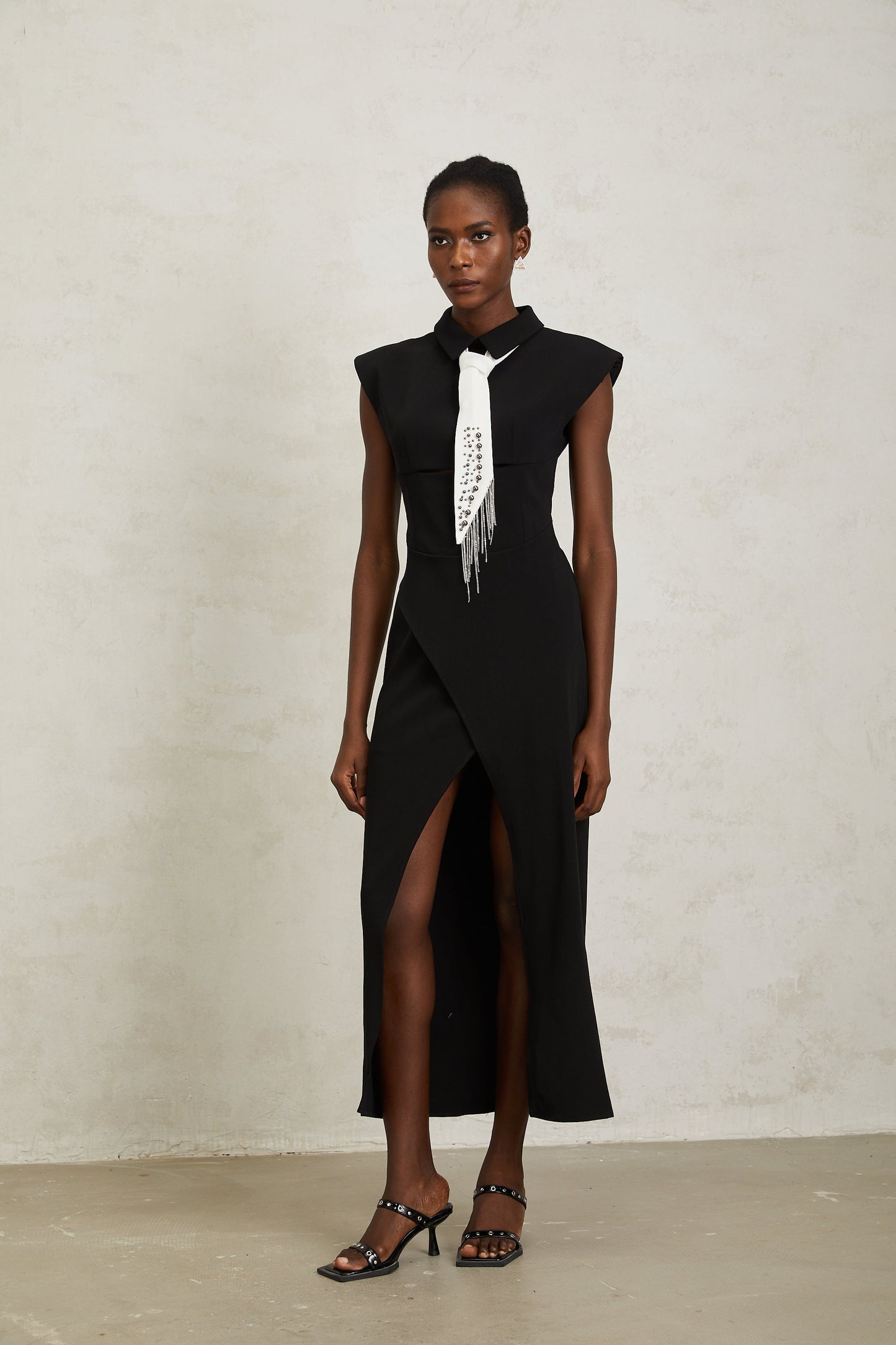 Daniela Black Necktie High Slit Midi Dress