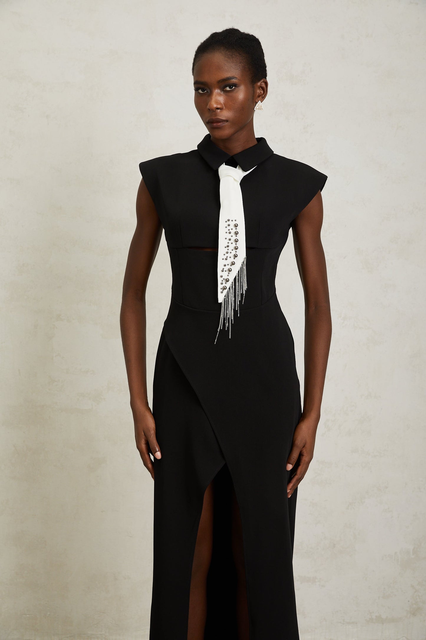 Daniela Black Necktie High Slit Midi Dress