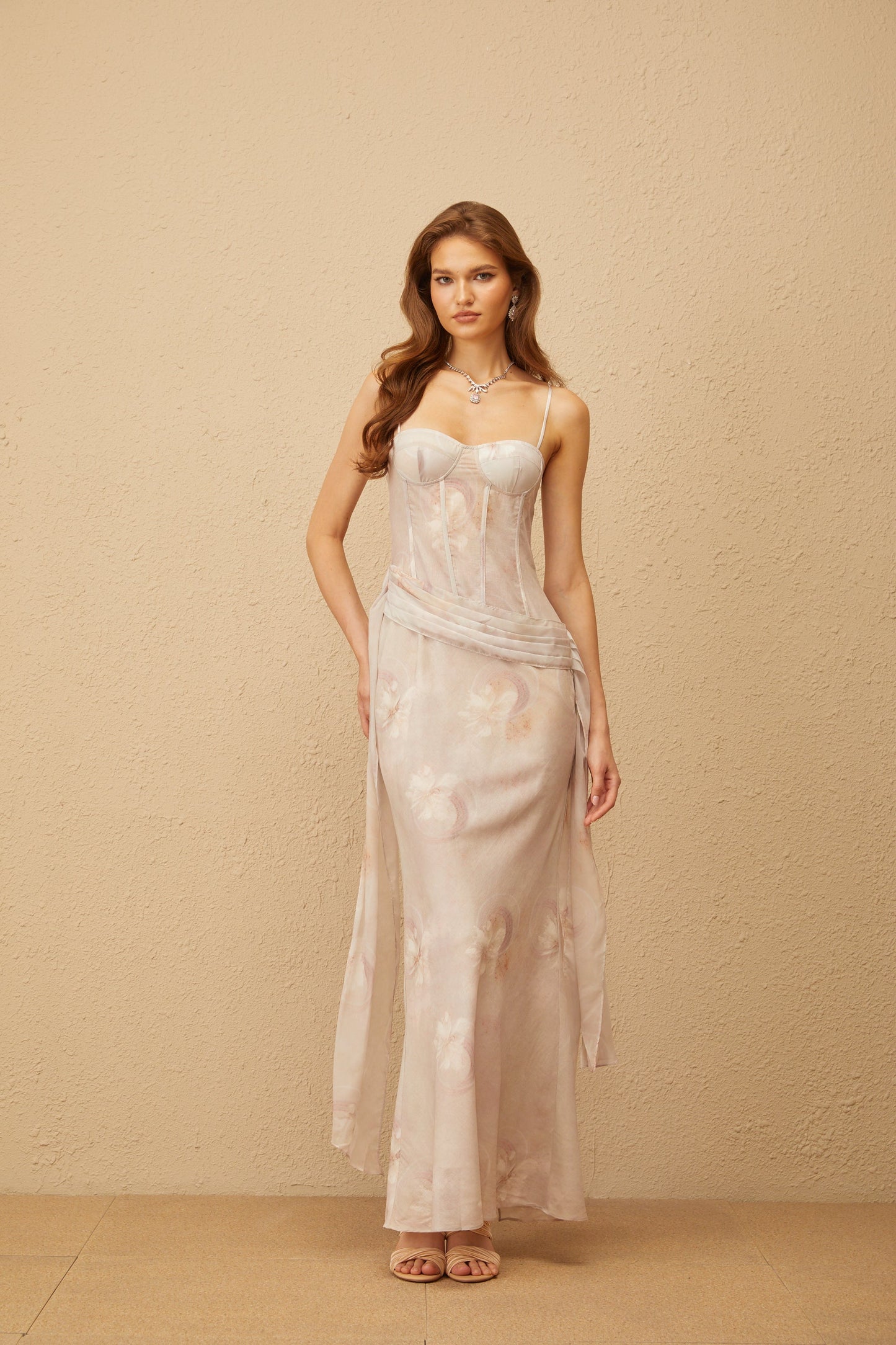 Emeline Grey Floral Print Corset Maxi Dress