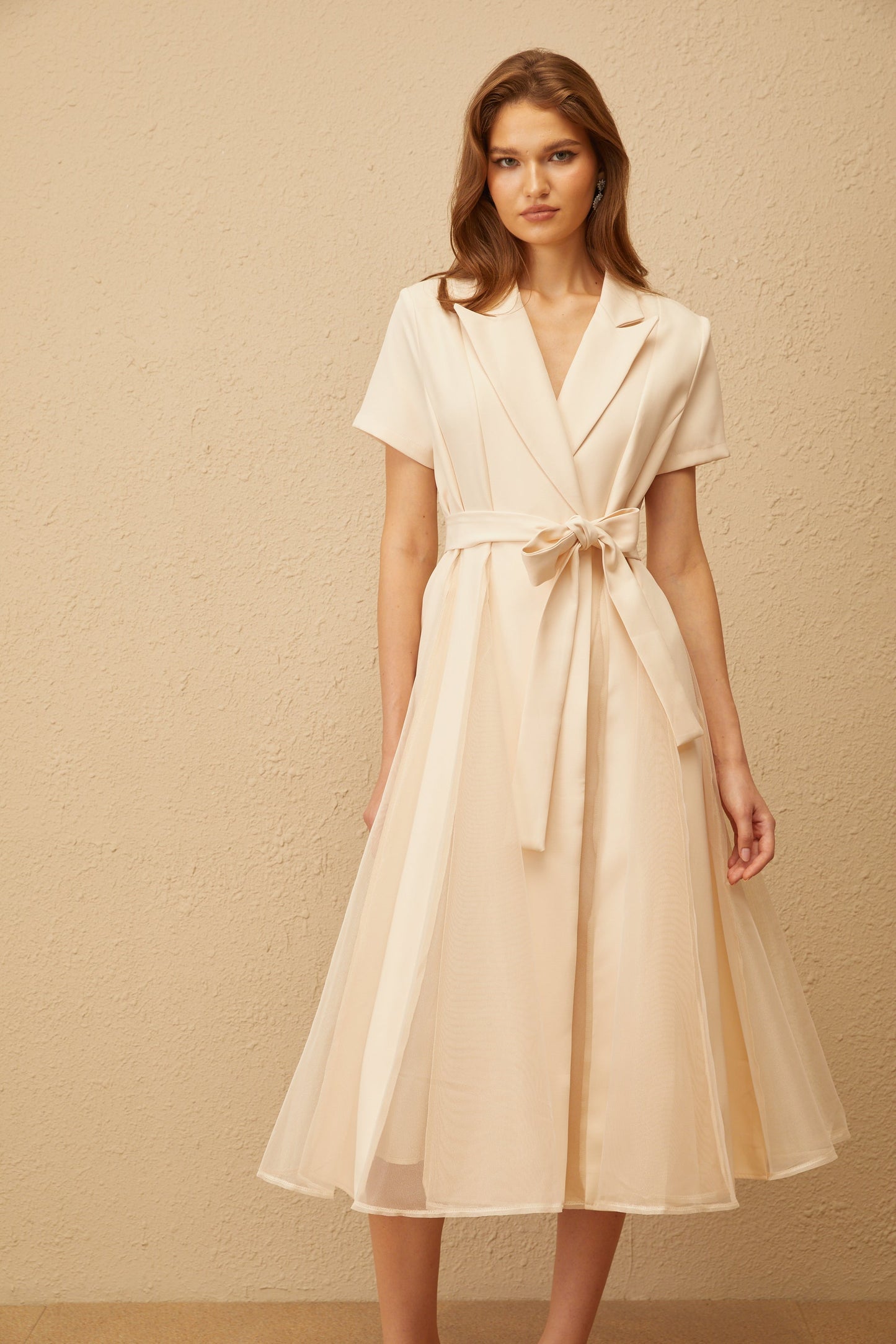 Aurore Neutral Tulle Panel Wraped Midi Dress