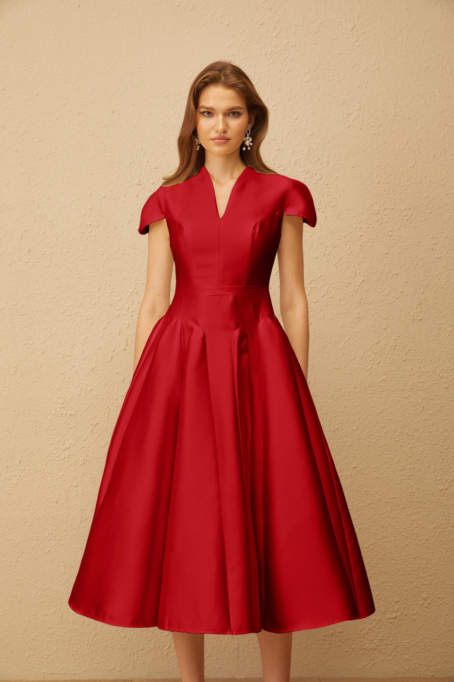 Aventin Red Godet Design Midi Dress